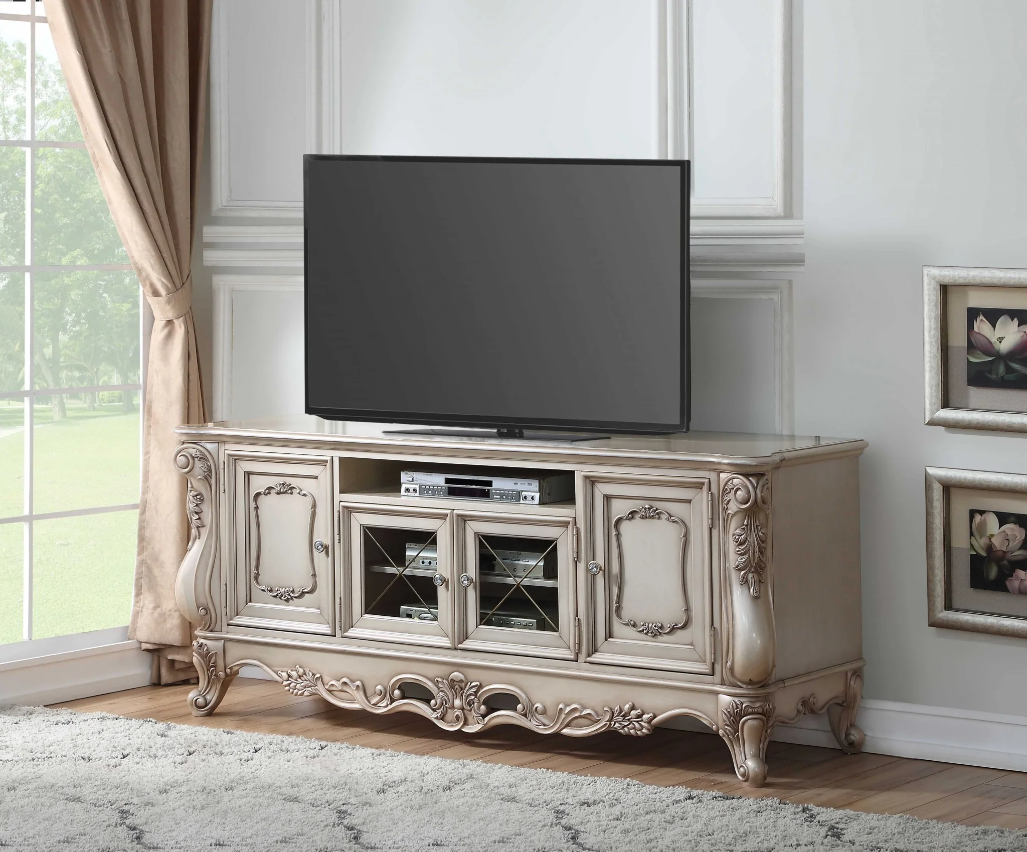 Antique White Wood Glass Poly-Resin TV Stand By Homeroots - Image 2