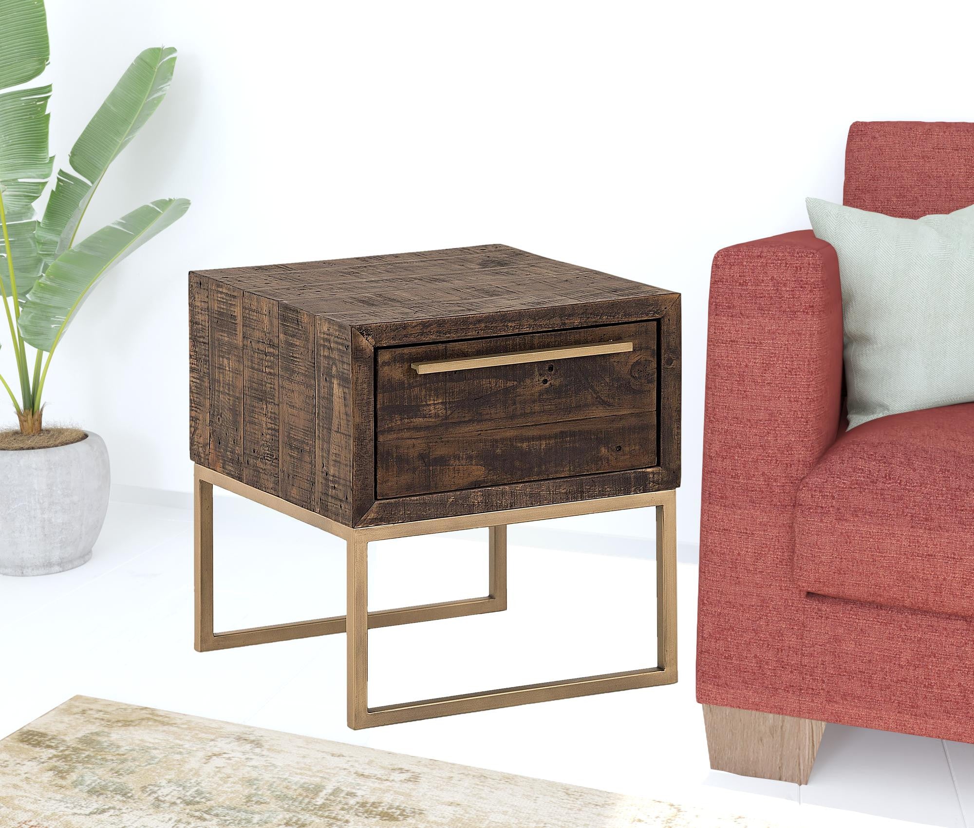 Antiqued Brass And Brown Reclaimed Wood End Table With Drawer By Homeroots - Image 4