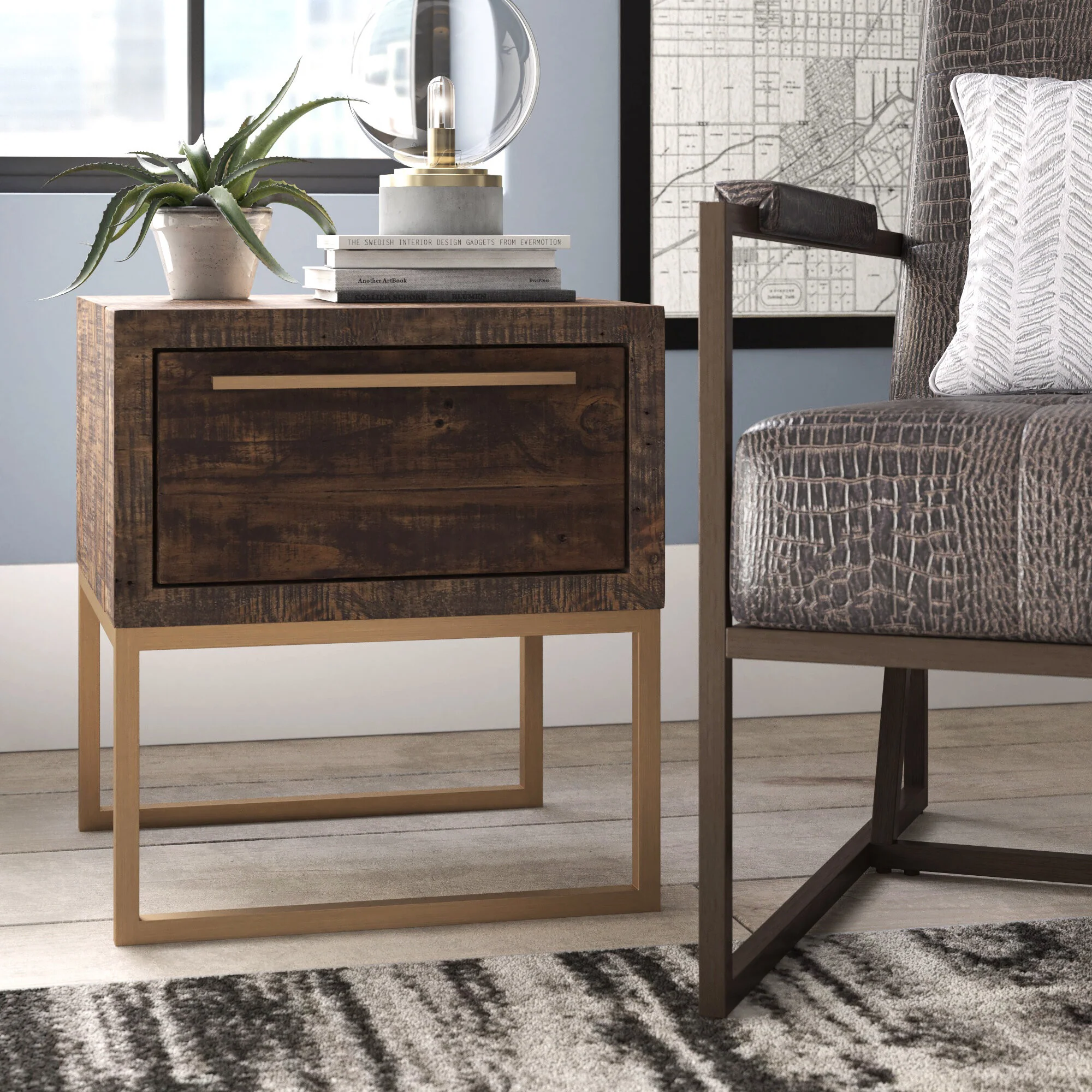 Antiqued Brass And Brown Reclaimed Wood End Table With Drawer By Homeroots - Image 5