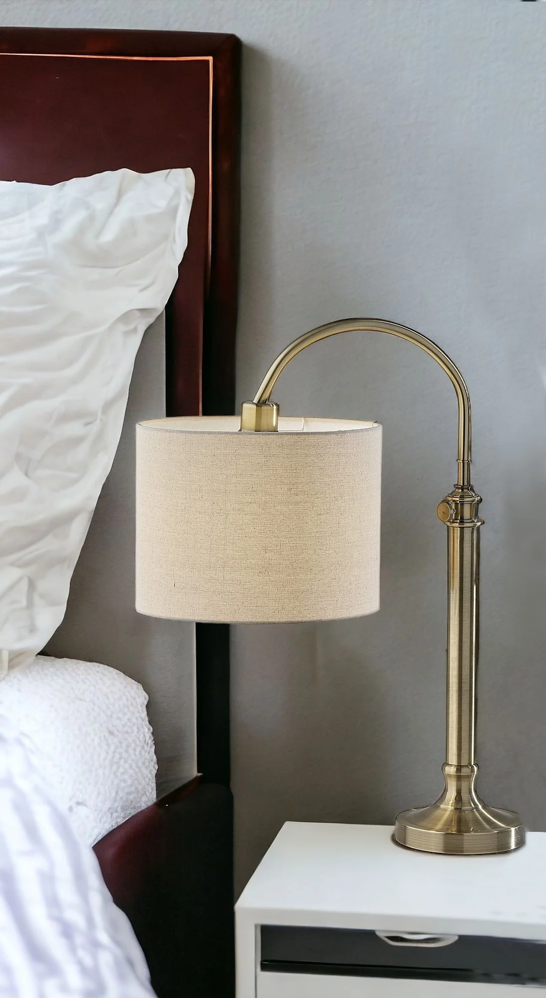 Antiqued Brass Metal Adjustable Arched Lamp With Beige Drum Shade By Homeroots - Image 2