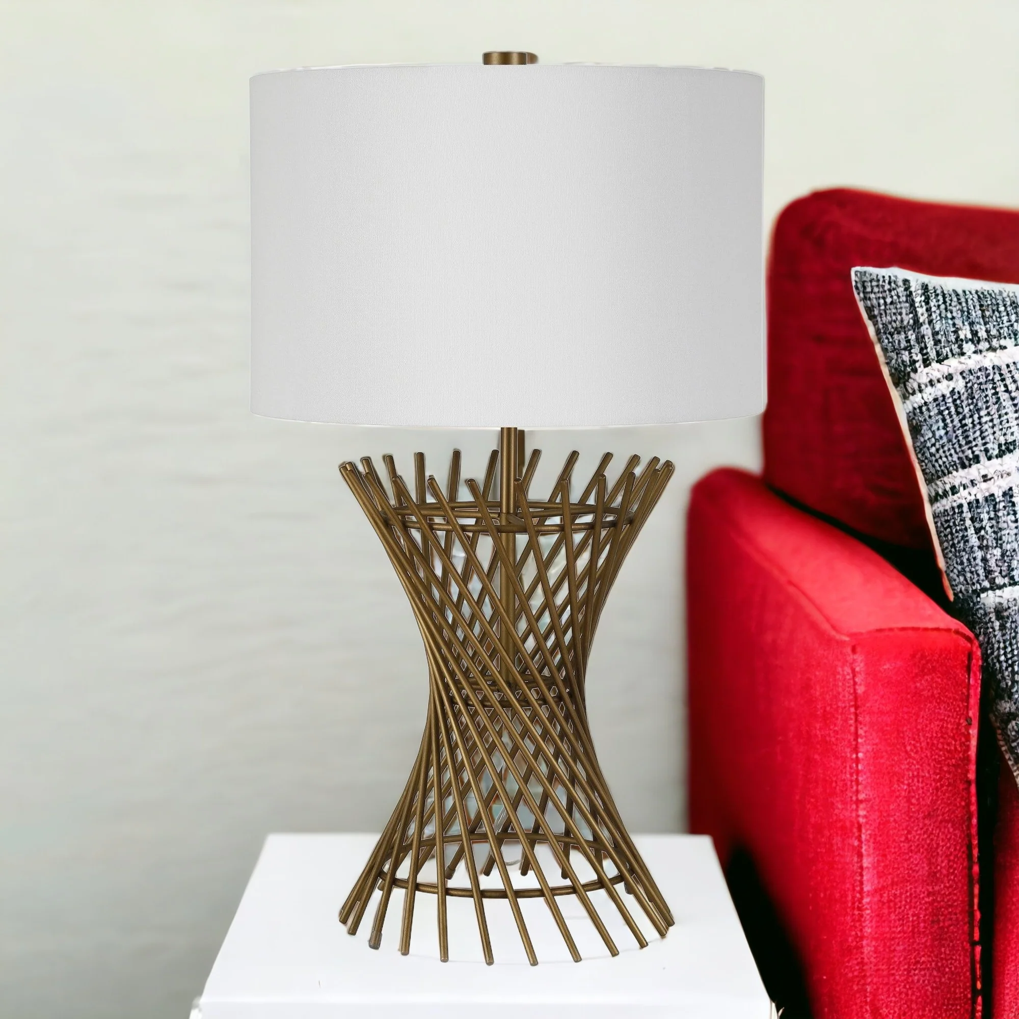 Antiqued Brass Metal Adjustable Table Lamp With White Drum Shade By Homeroots - Image 2