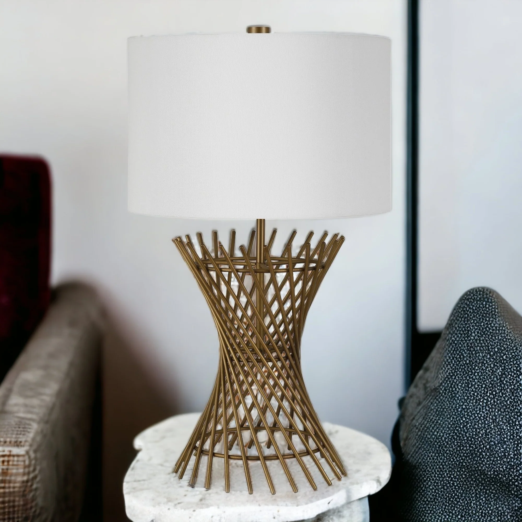 Antiqued Brass Metal Adjustable Table Lamp With White Drum Shade By Homeroots - Image 3