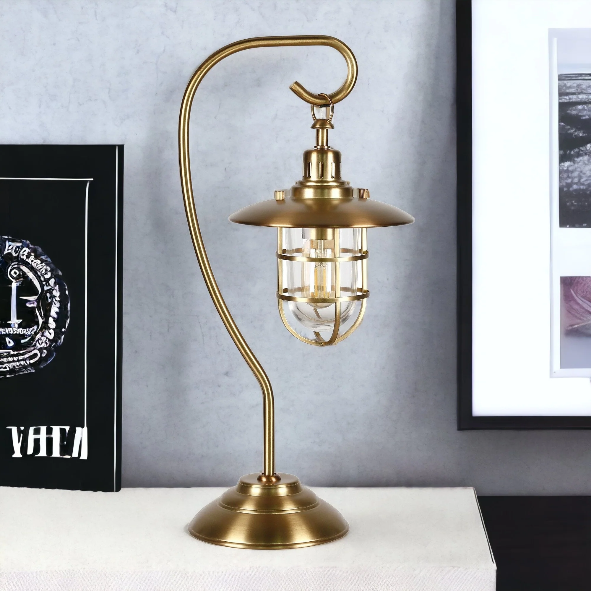 Antiqued Brass Metal Arched Table Lamp With Brass Cage Shade By Homeroots - Image 3