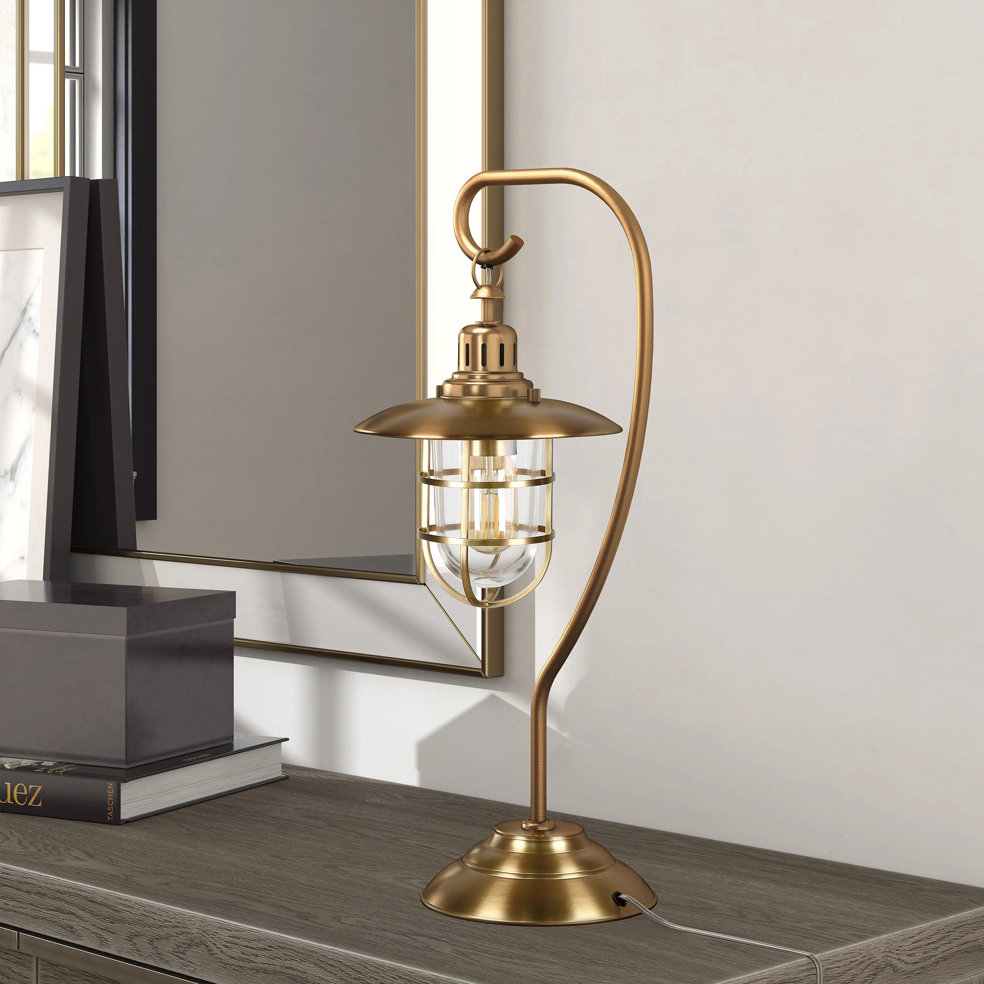 Antiqued Brass Metal Arched Table Lamp With Brass Cage Shade By Homeroots - Image 5