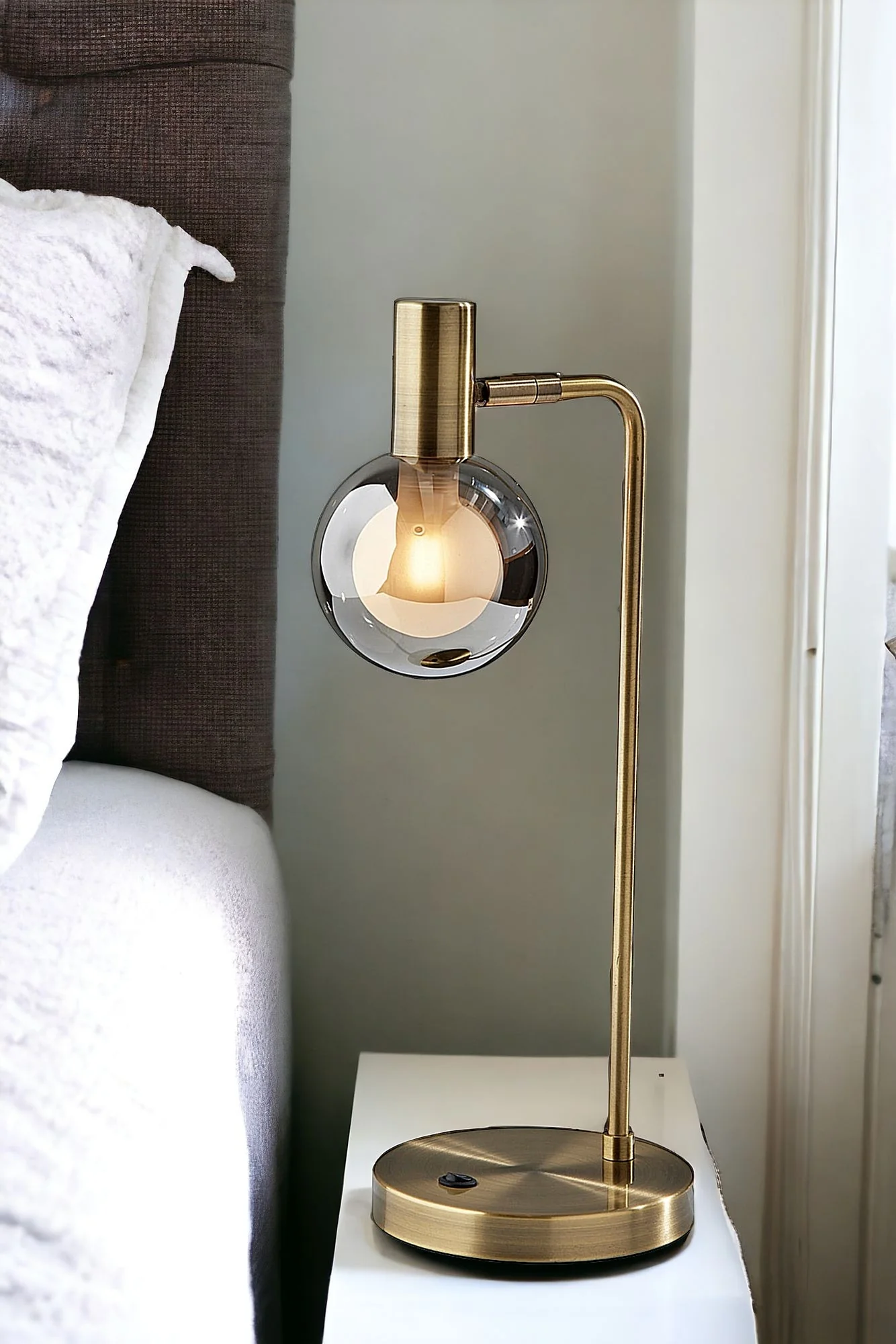 Antiqued Brass Metal Cylinder Desk Table Lamp With Gray Globe Shade With Starling LED Bulb By Homeroots - Image 2