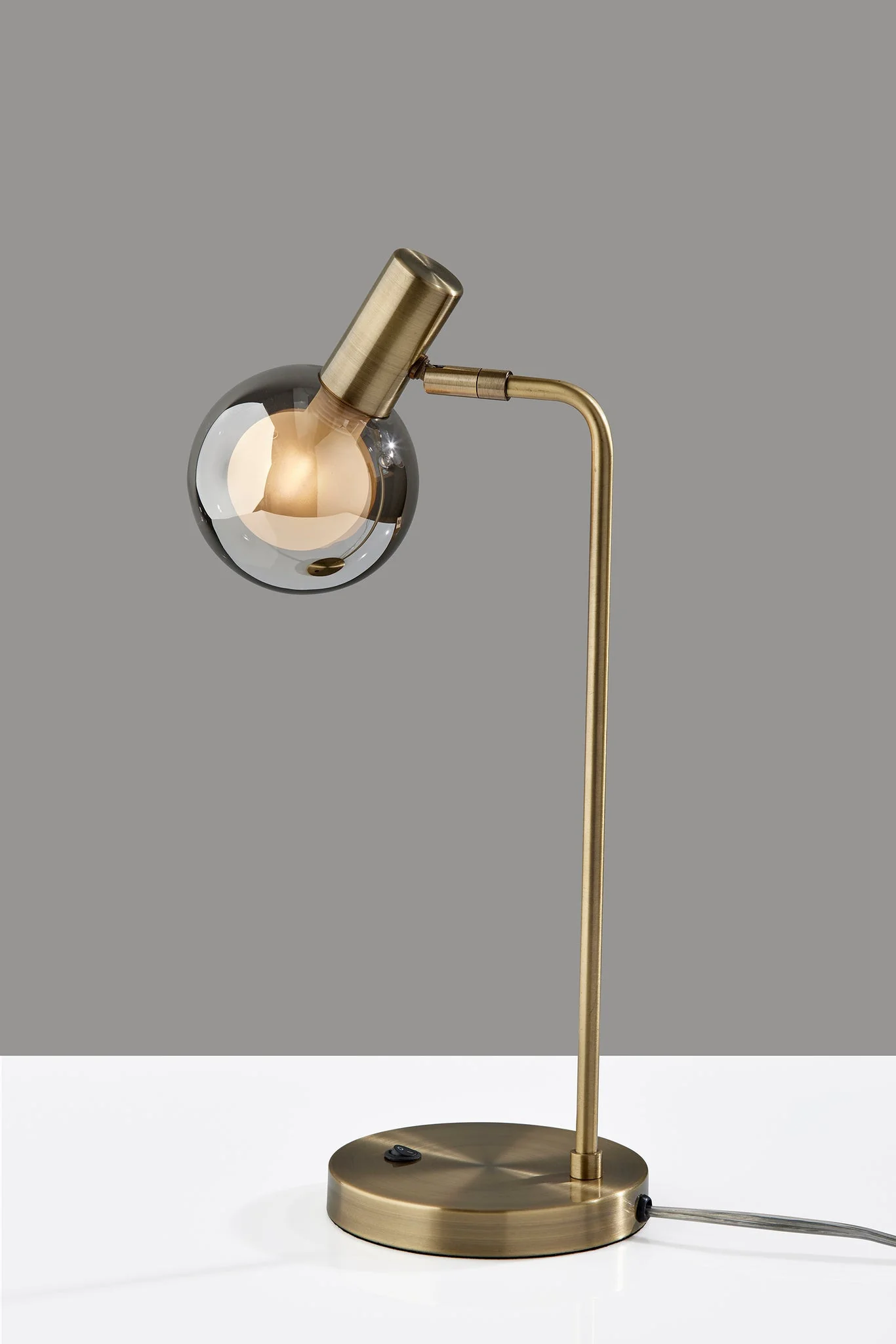 Antiqued Brass Metal Cylinder Desk Table Lamp With Gray Globe Shade With Starling LED Bulb By Homeroots - Image 4