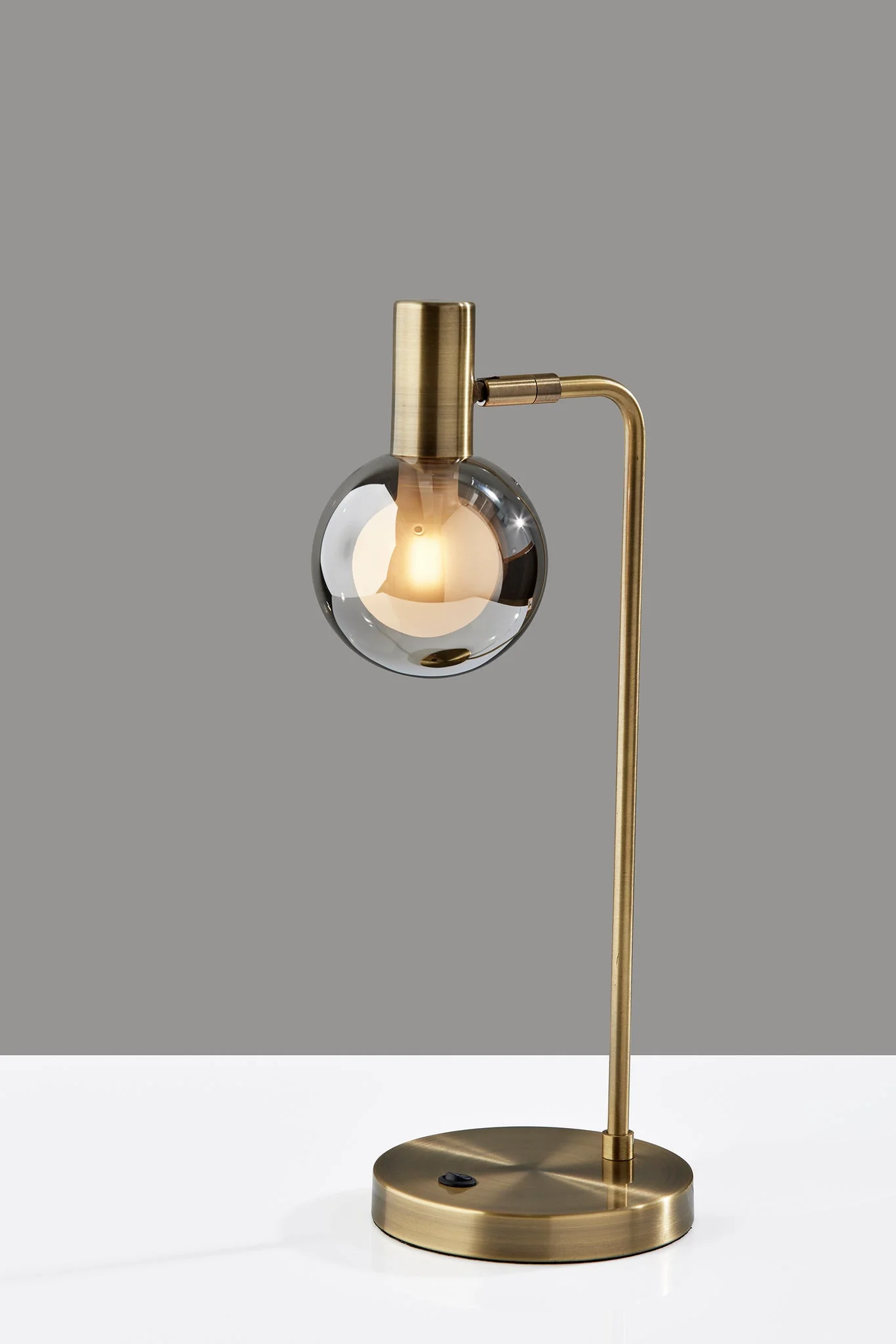 Antiqued Brass Metal Cylinder Desk Table Lamp With Gray Globe Shade With Starling LED Bulb By Homeroots - Image 5