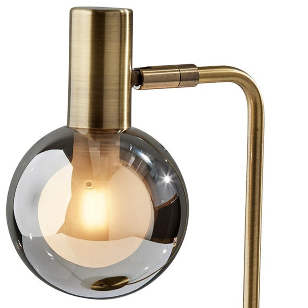 Antiqued Brass Metal Cylinder Desk Table Lamp With Gray Globe Shade With Starling LED Bulb By Homeroots - Image 6