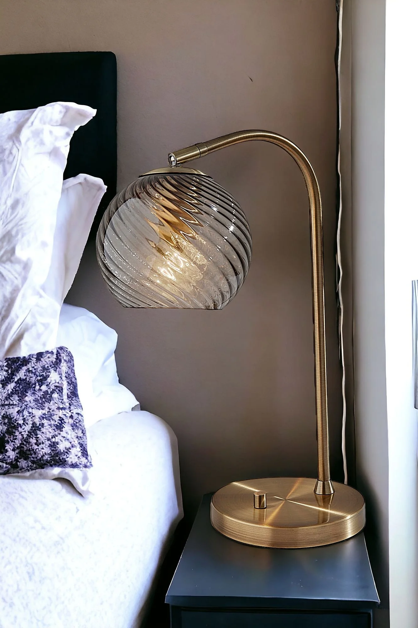 Antiqued Brass Metal Desk Lamp With Light Gray Swirl Globe Shade By Homeroots - Image 2