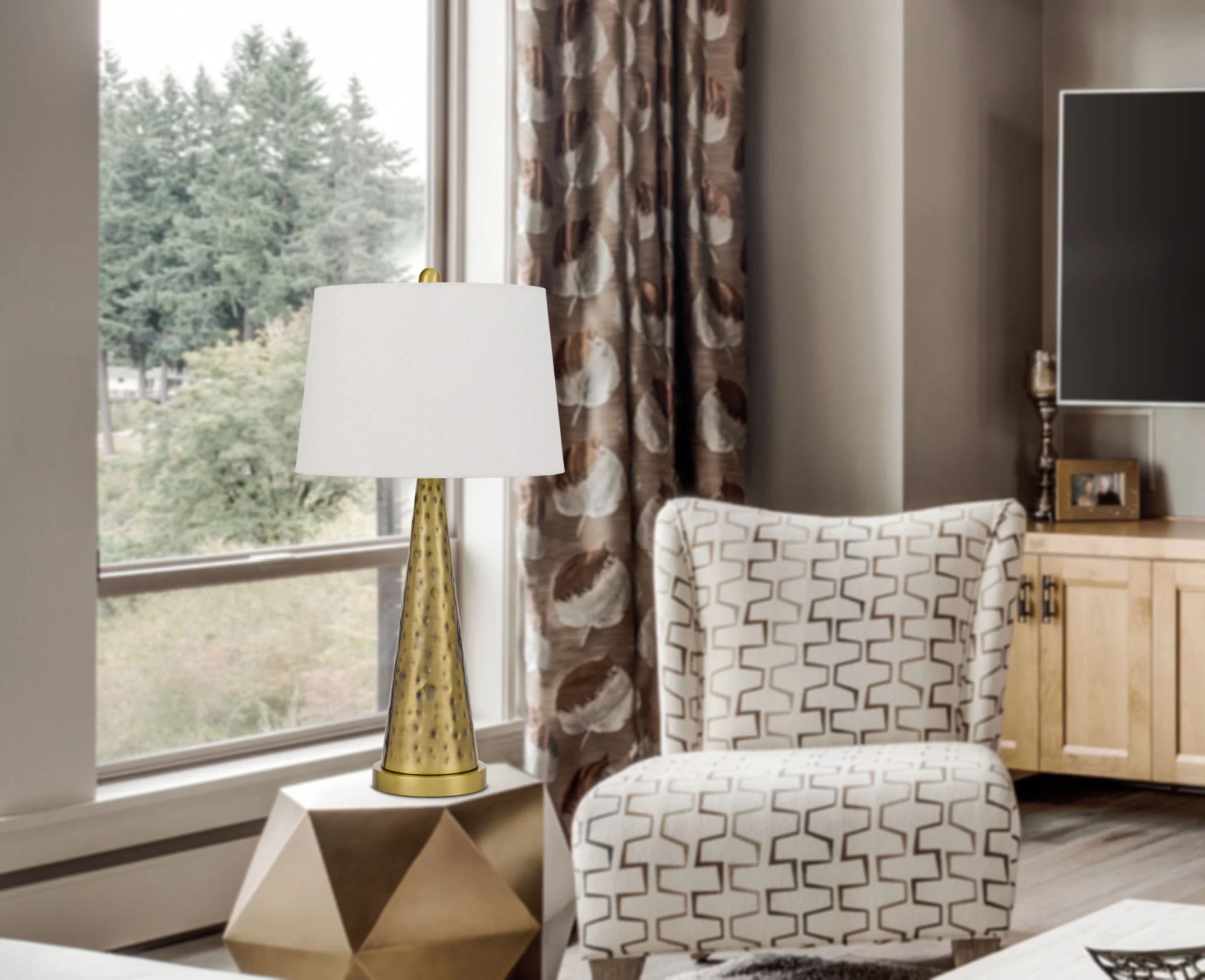 Antiqued Brass Metal Geometric Table Lamp With White Empire Shade By Homeroots - Image 2