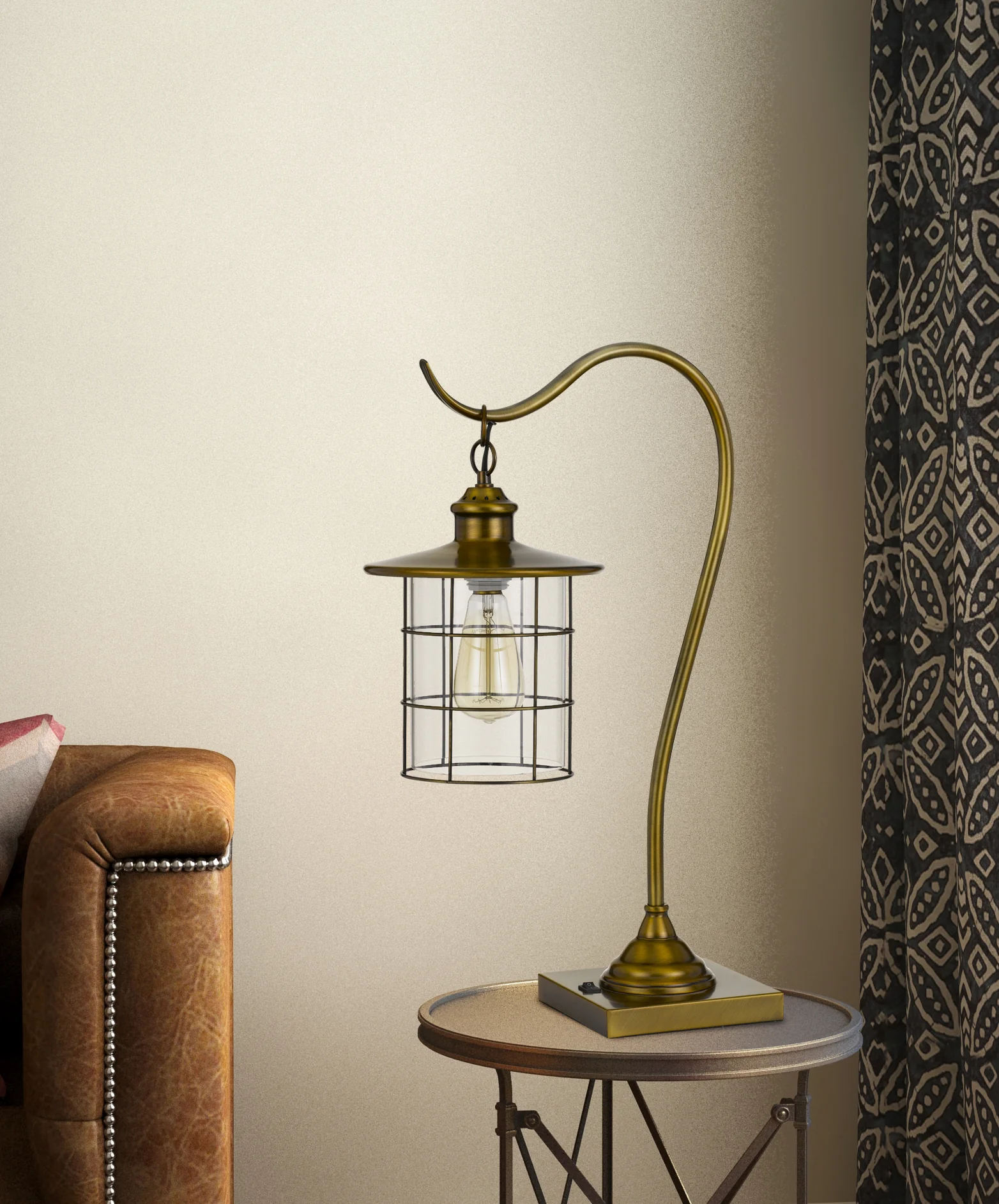 Antiqued Brass Metal Lantern Desk Lamp With Antiqued Brass Drum Shade By Homeroots - Image 2