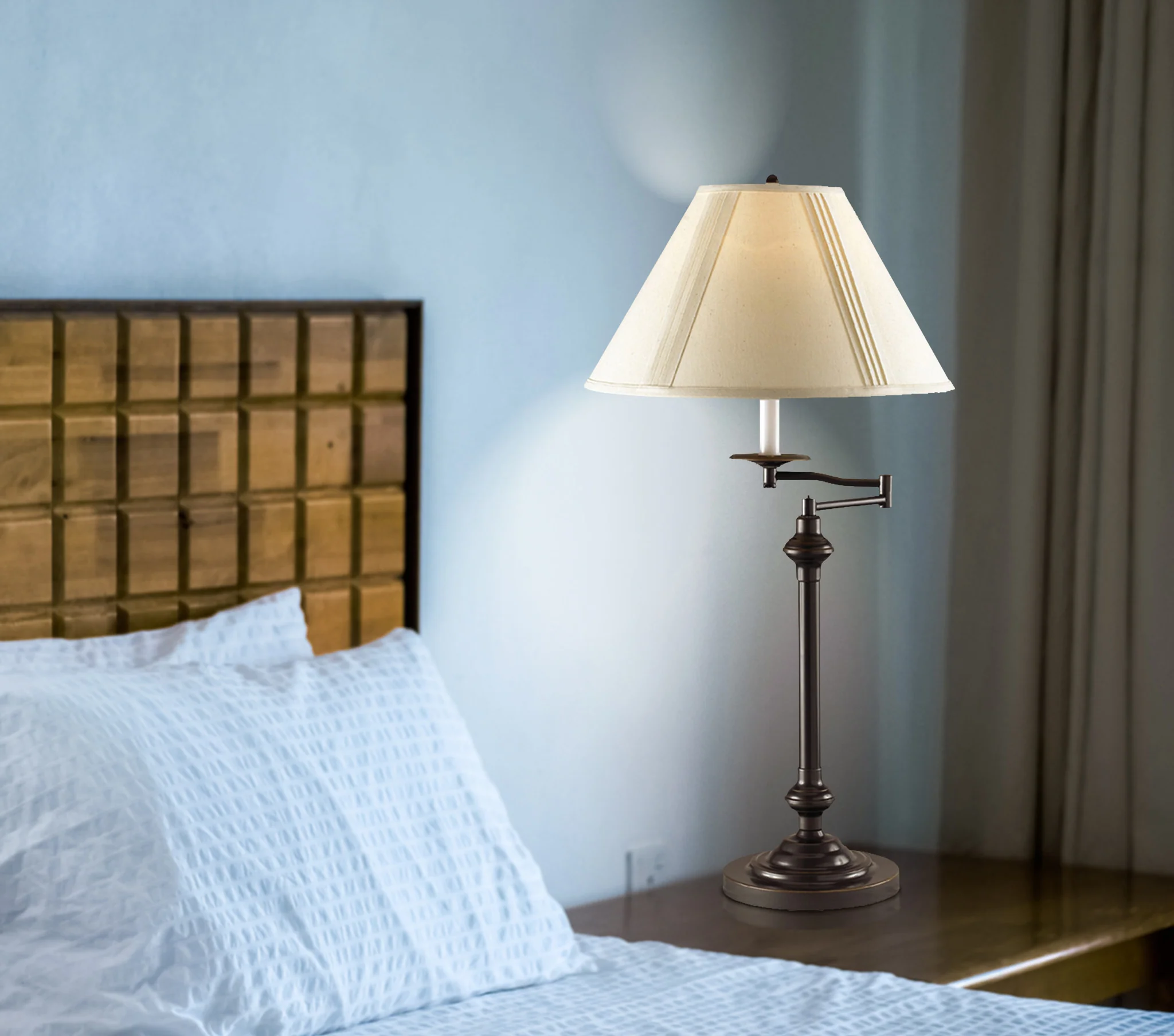 Antiqued Bronze Metal Swing Arm Table Lamp With Off White Empire Shade By Homeroots - Image 2