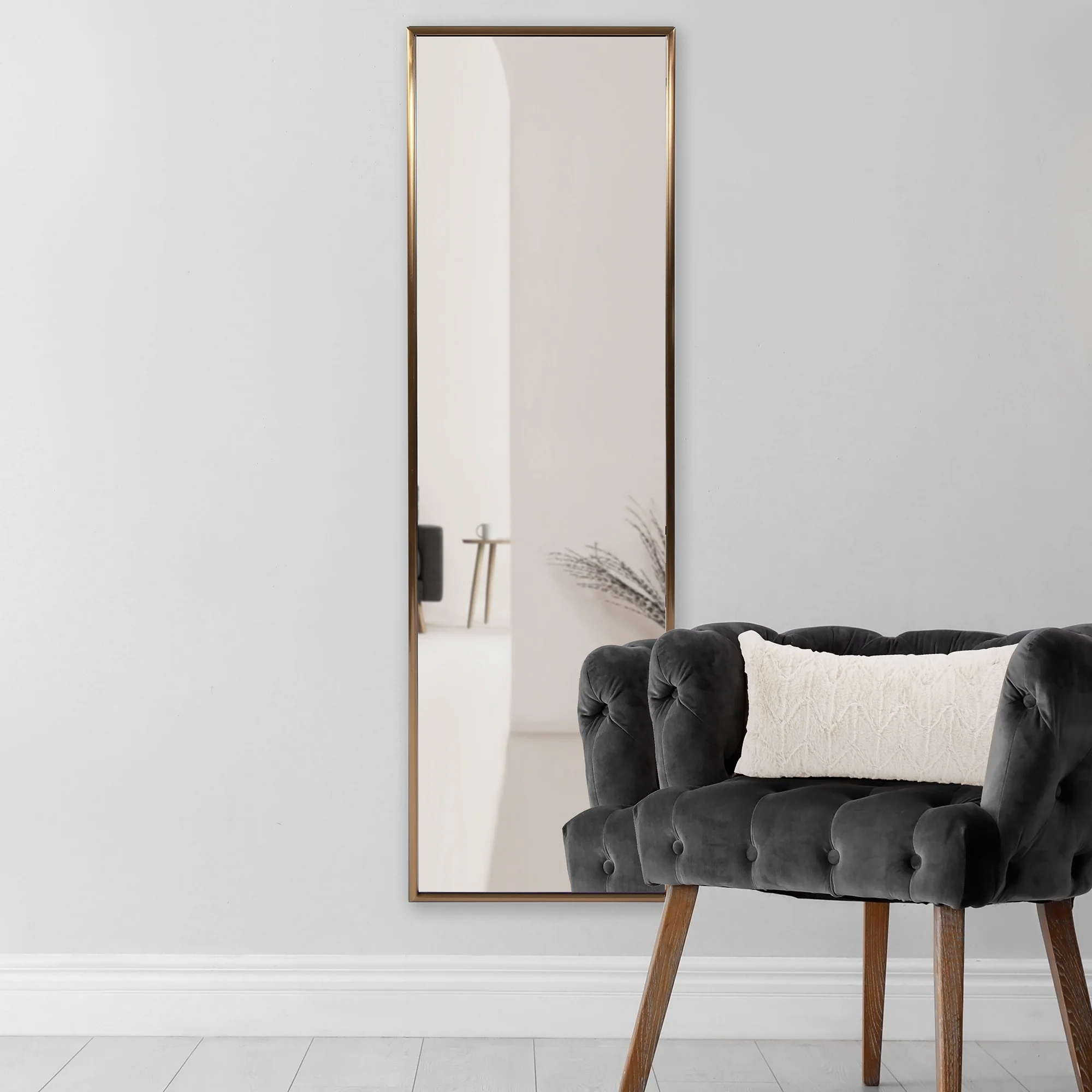 Antiqued Brushed Brass Rectangular Full Length Wall Mirror By Homeroots - Image 7