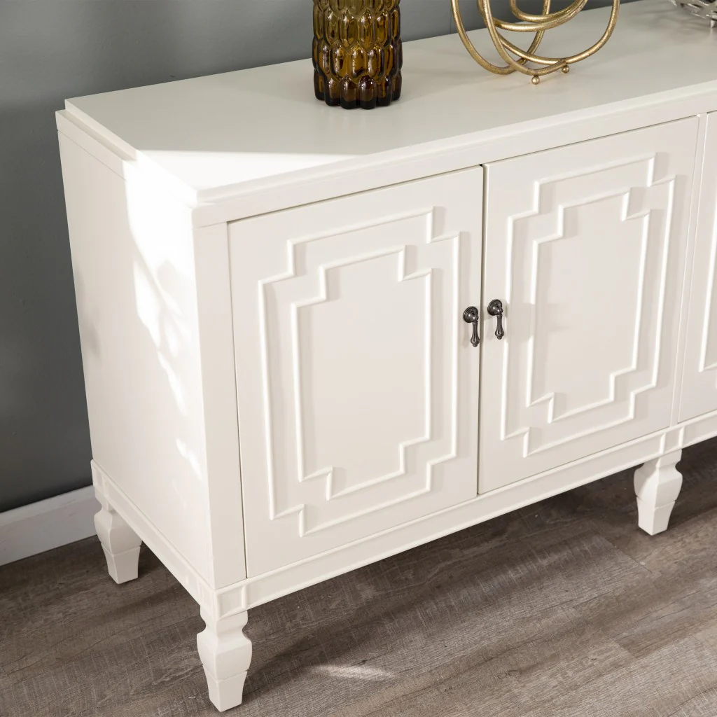 Antiqued White Geometric Lines Low Accent Cabinet Buffet By Homeroots - Image 2