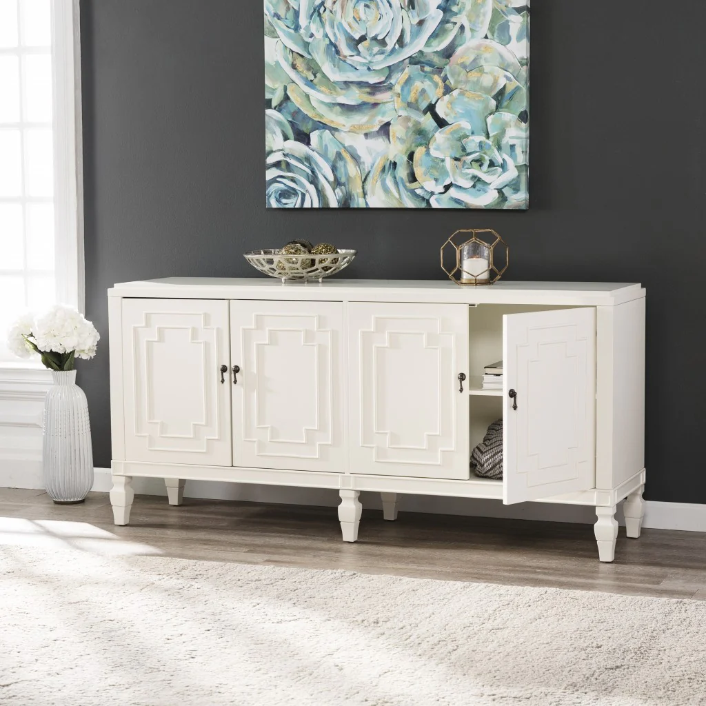 Antiqued White Geometric Lines Low Accent Cabinet Buffet By Homeroots - Image 3