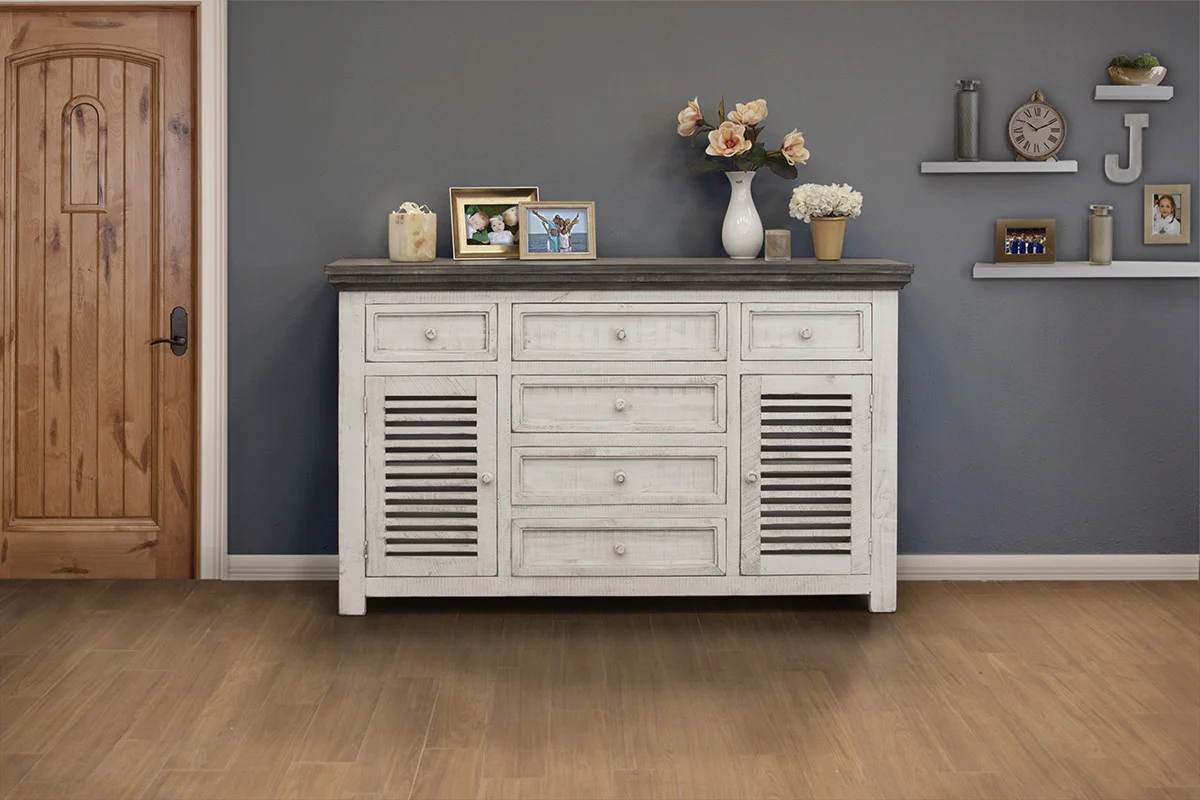 Antiqued White Solid and Manufactured Wood Distressed Buffet Table By Homeroots - Image 2