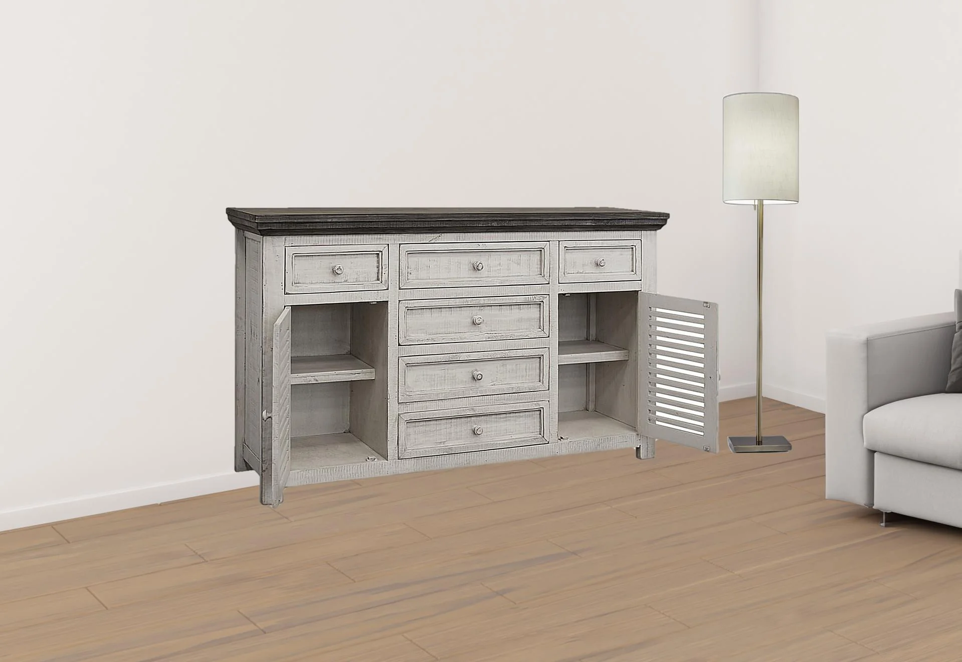Antiqued White Solid and Manufactured Wood Distressed Buffet Table By Homeroots - Image 5
