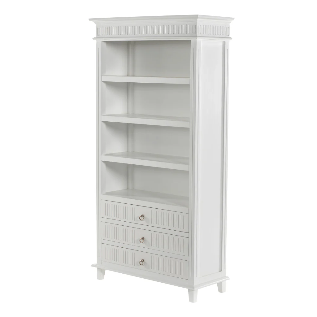 Antiqued White Solid Wood Four Tier Bookcase with Three Drawers By Homeroots - Image 3