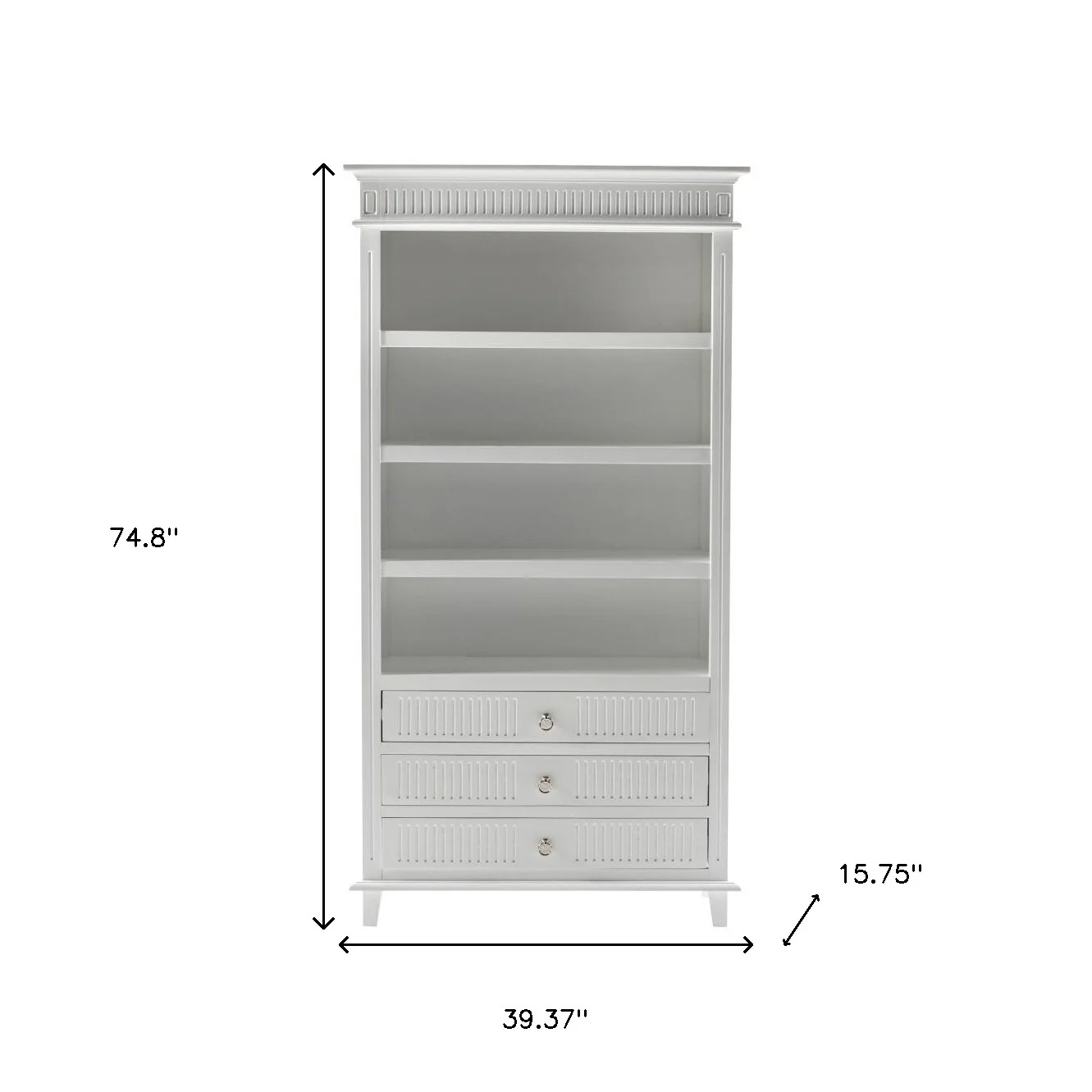 Antiqued White Solid Wood Four Tier Bookcase with Three Drawers By Homeroots - Image 4