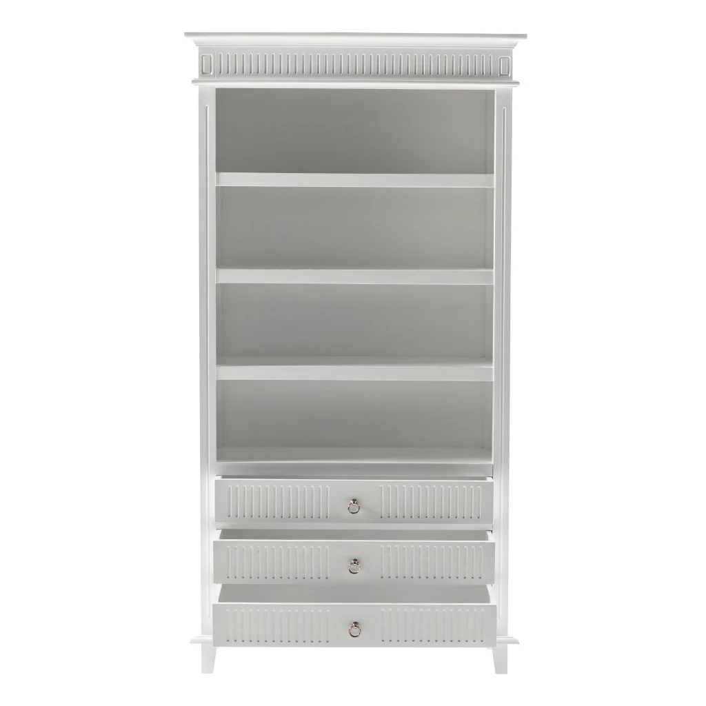 Antiqued White Solid Wood Four Tier Bookcase with Three Drawers By Homeroots - Image 5