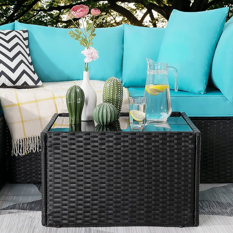 Aqua and Brown Wicker L Shape Three Piece Sofa Set By Homeroots - Image 3