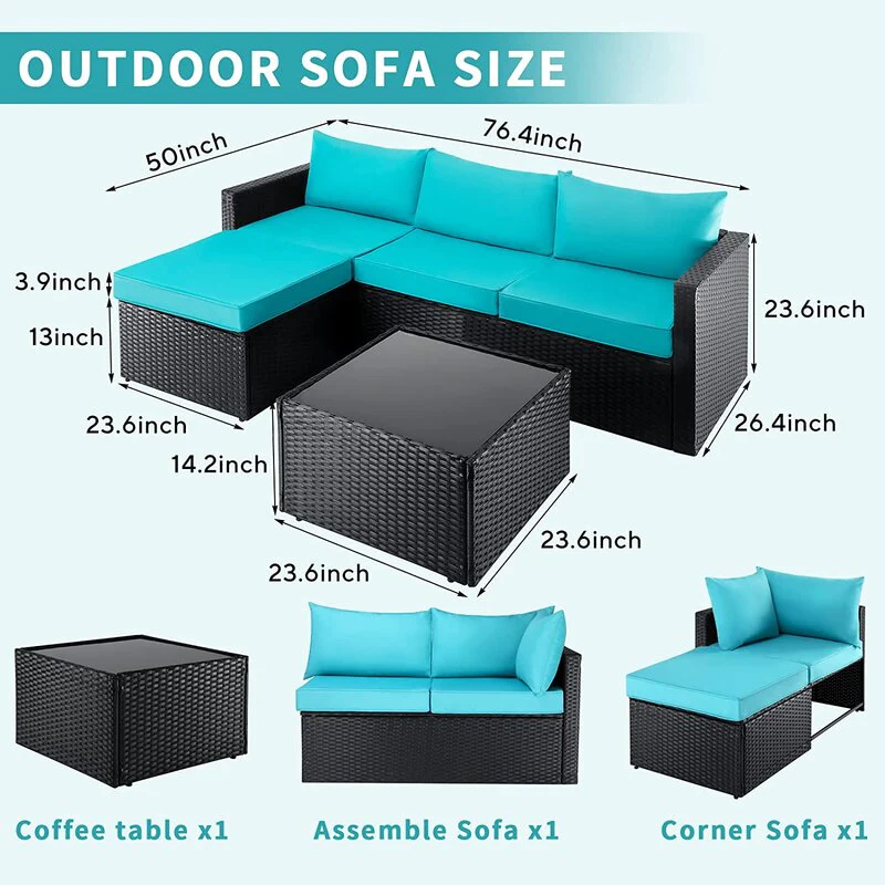 Aqua and Brown Wicker L Shape Three Piece Sofa Set By Homeroots - Image 5