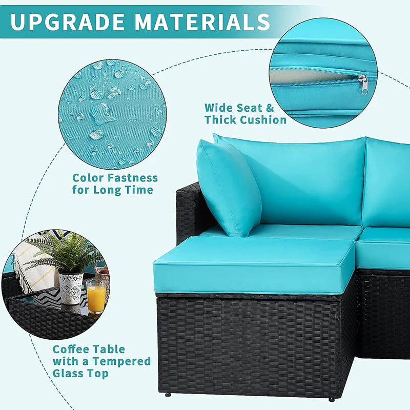 Aqua and Brown Wicker L Shape Three Piece Sofa Set By Homeroots - Image 7
