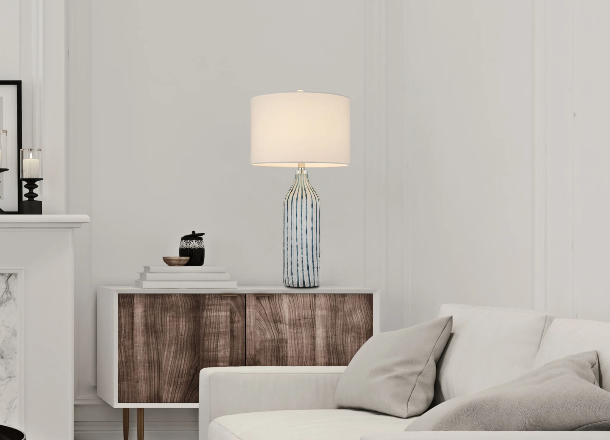 Aqua and Gray Glass Table Lamp With White Drum Shade By Homeroots - Image 2