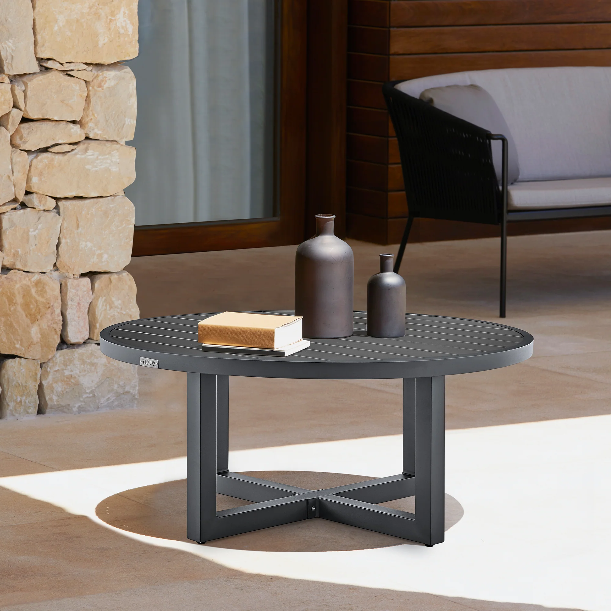 Argiope Outdoor Patio Round Coffee Table in Black Aluminum  By Armen Living - Image 8