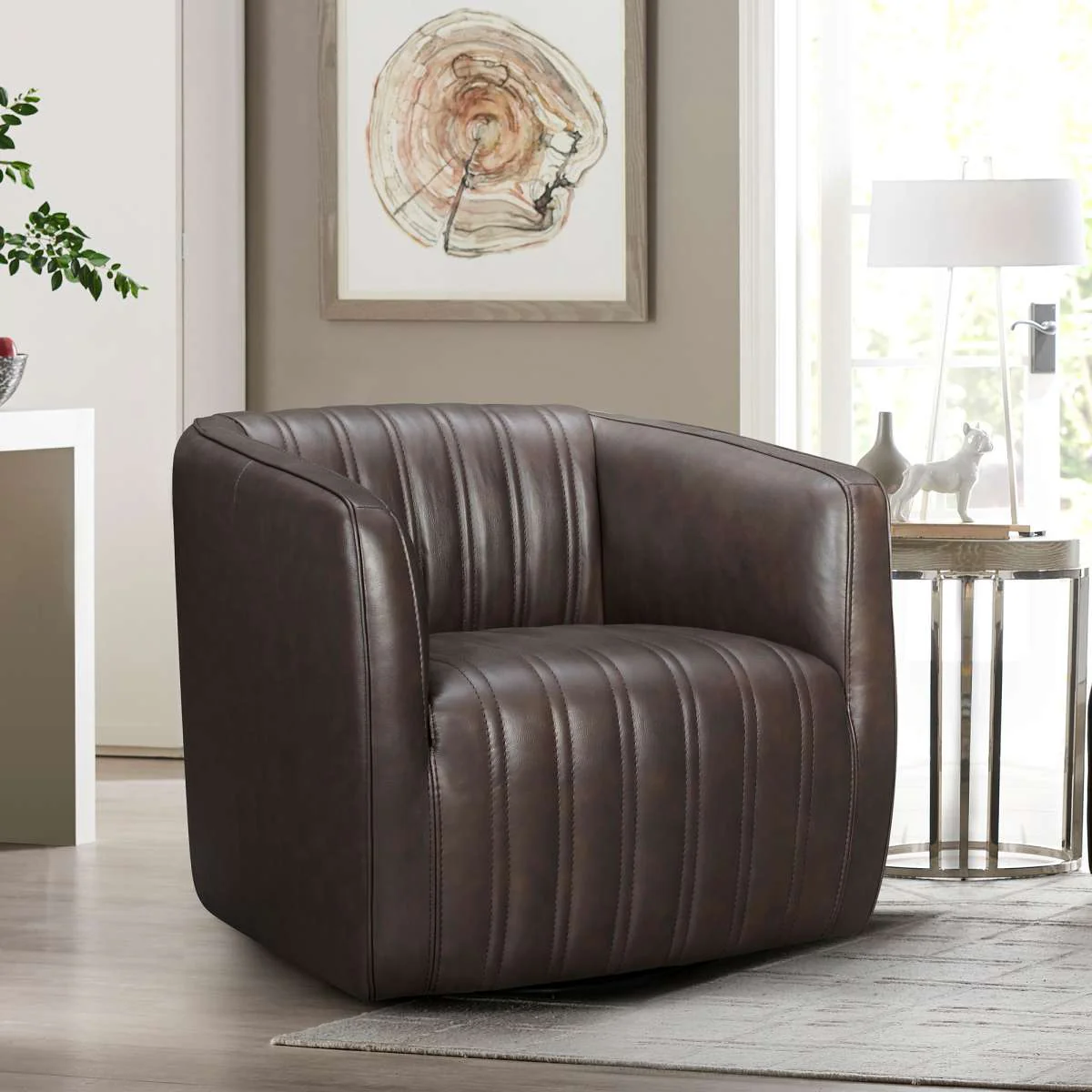 Aries Dove Gray Genuine Leather Swivel Barrel Chair By Armen Living - Image 10