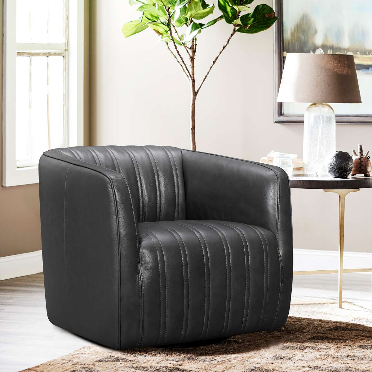 Aries Dove Gray Genuine Leather Swivel Barrel Chair By Armen Living - Image 15