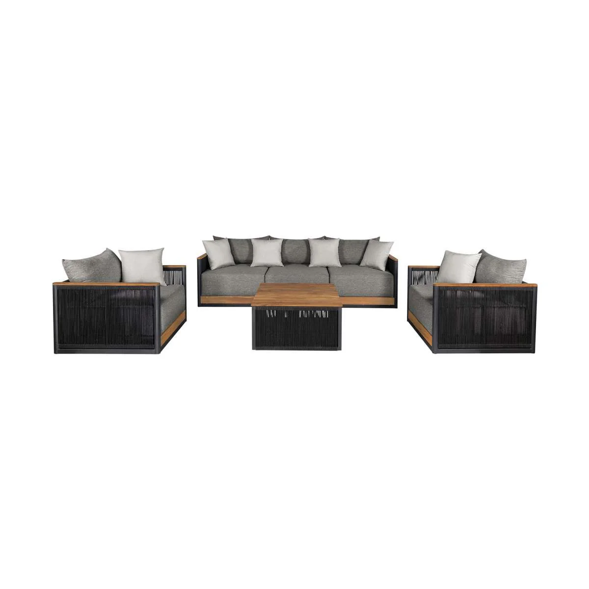 Artesia Outdoor Patio 4 Piece Conversation Set in Teak Wood and Black Rope with Dark Gray Olefin Cushions By Armen Living - Image 2