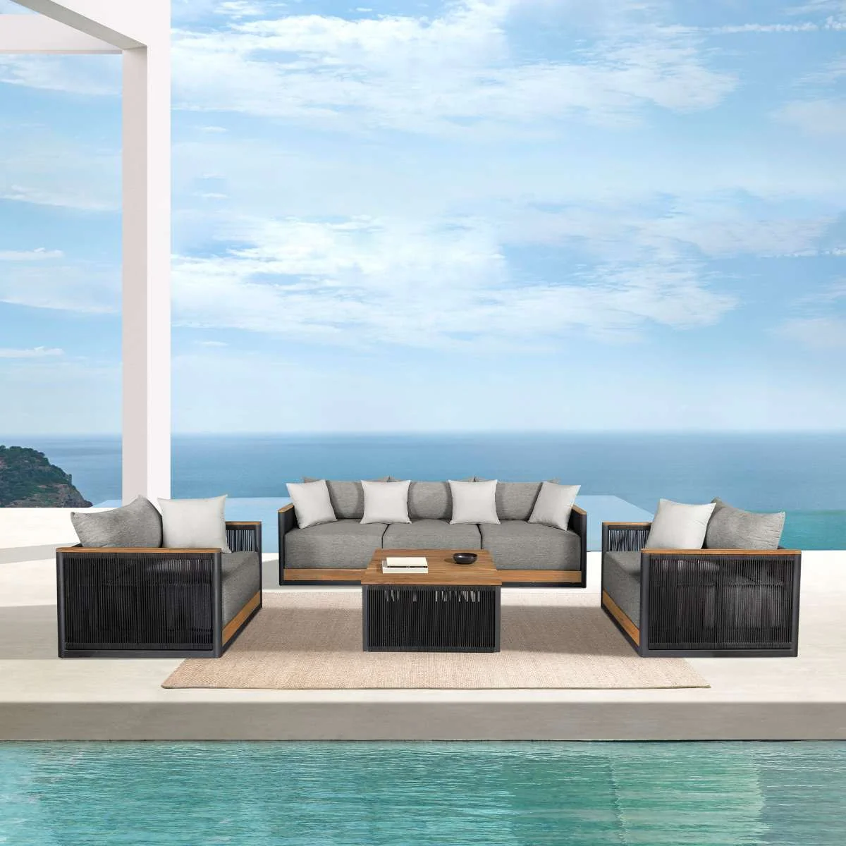 Artesia Outdoor Patio Sofa in Teak Wood and Black Rope with Dark Gray Olefin Cushions By Armen Living - Image 2