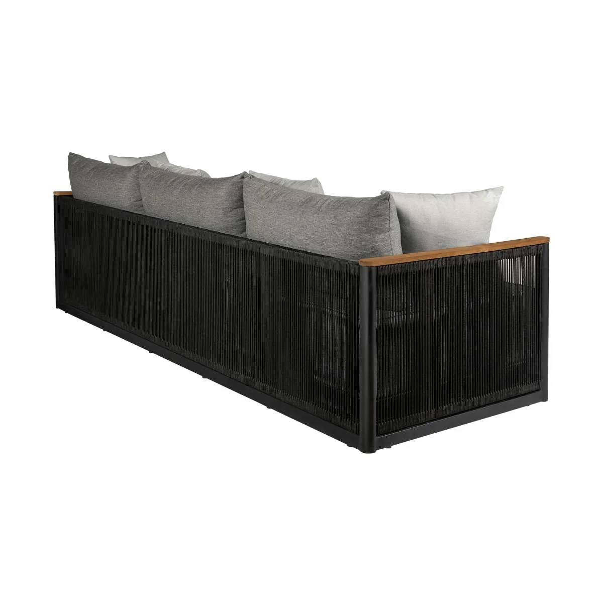 Artesia Outdoor Patio Sofa in Teak Wood and Black Rope with Dark Gray Olefin Cushions By Armen Living - Image 4