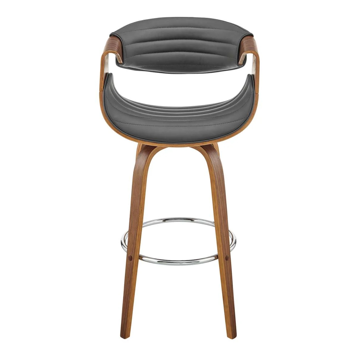 Arya 30" Swivel Bar Stool in Gray Faux Leather and Walnut Wood By Armen Living - Image 2