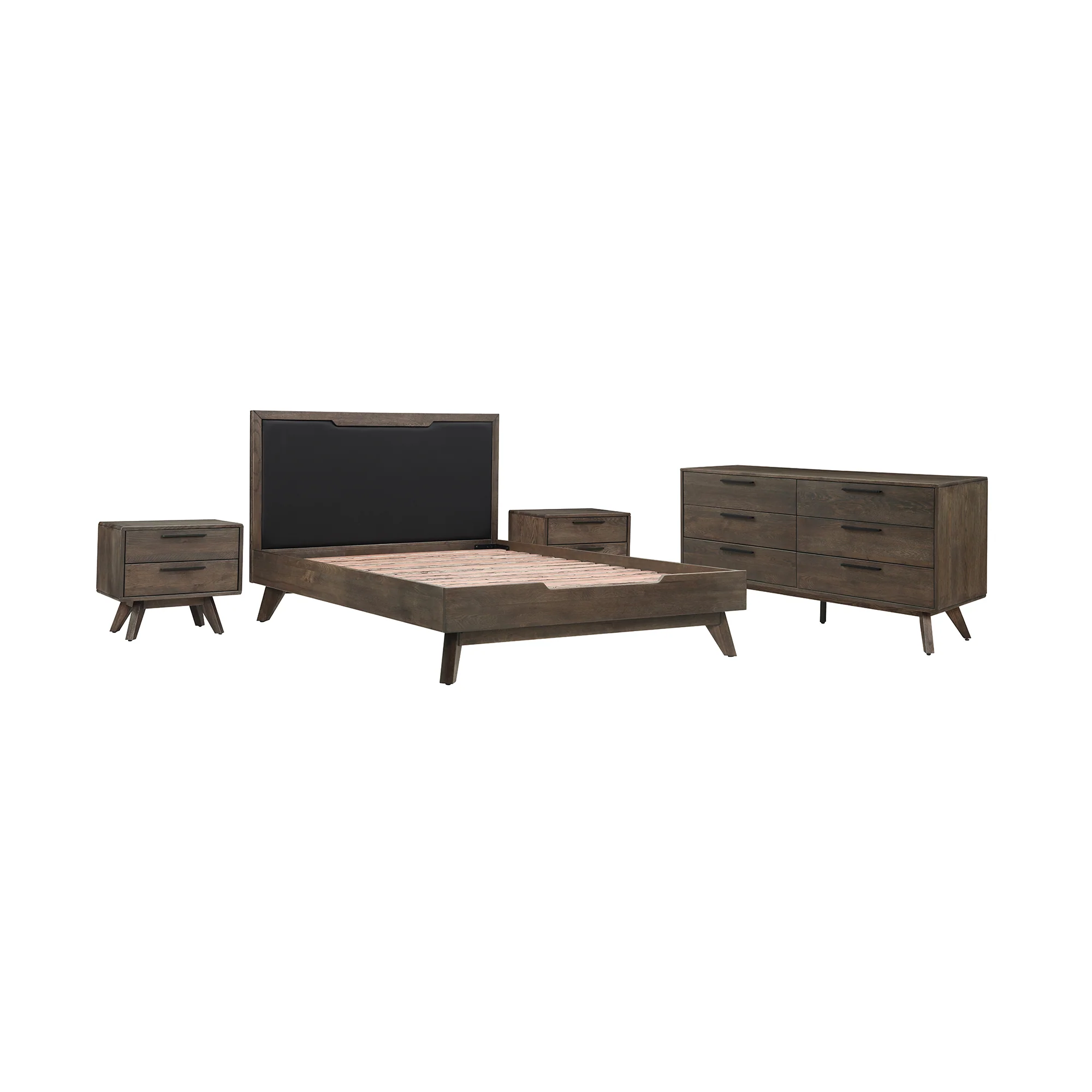 Astoria 4 Piece Queen Bedroom Set in Oak with Black Faux Leather  By Armen Living - Image 2
