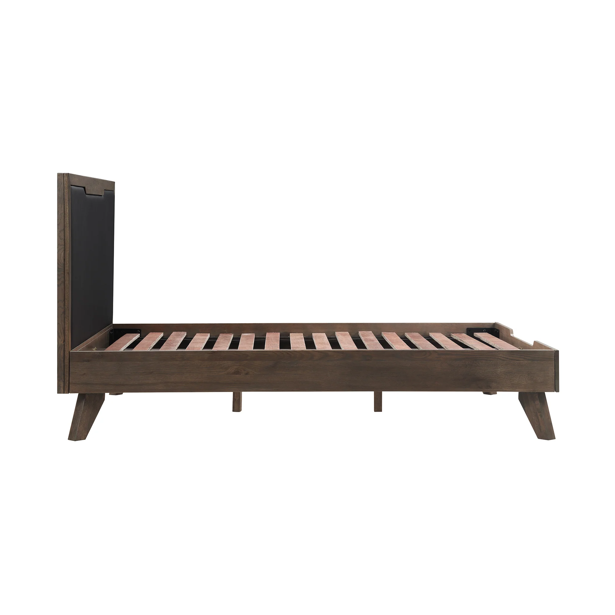 Astoria Queen Platform Bed Frame in Oak with Black Faux Leather  By Armen Living - Image 4