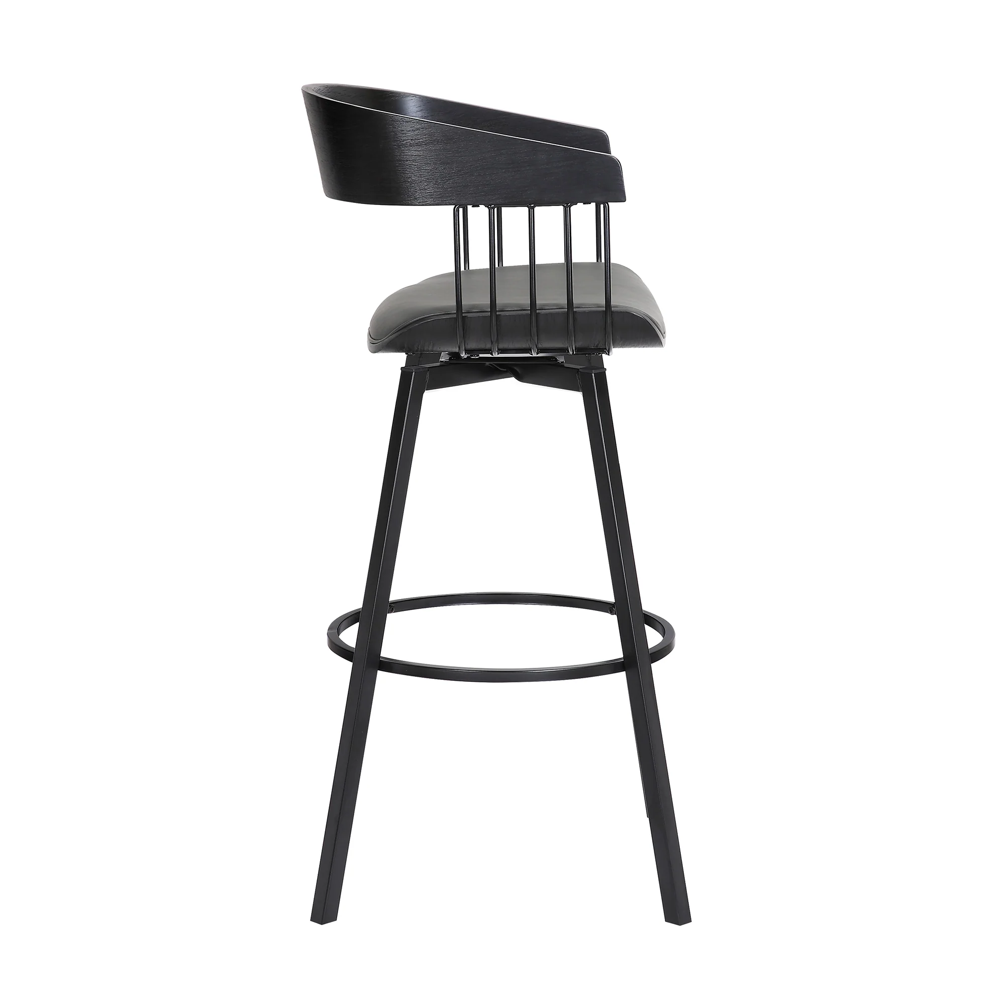 Athena 27" Swivel Black Wood Counter Stool in Grey Faux Leather with Black Metal By Armen Living - Image 4