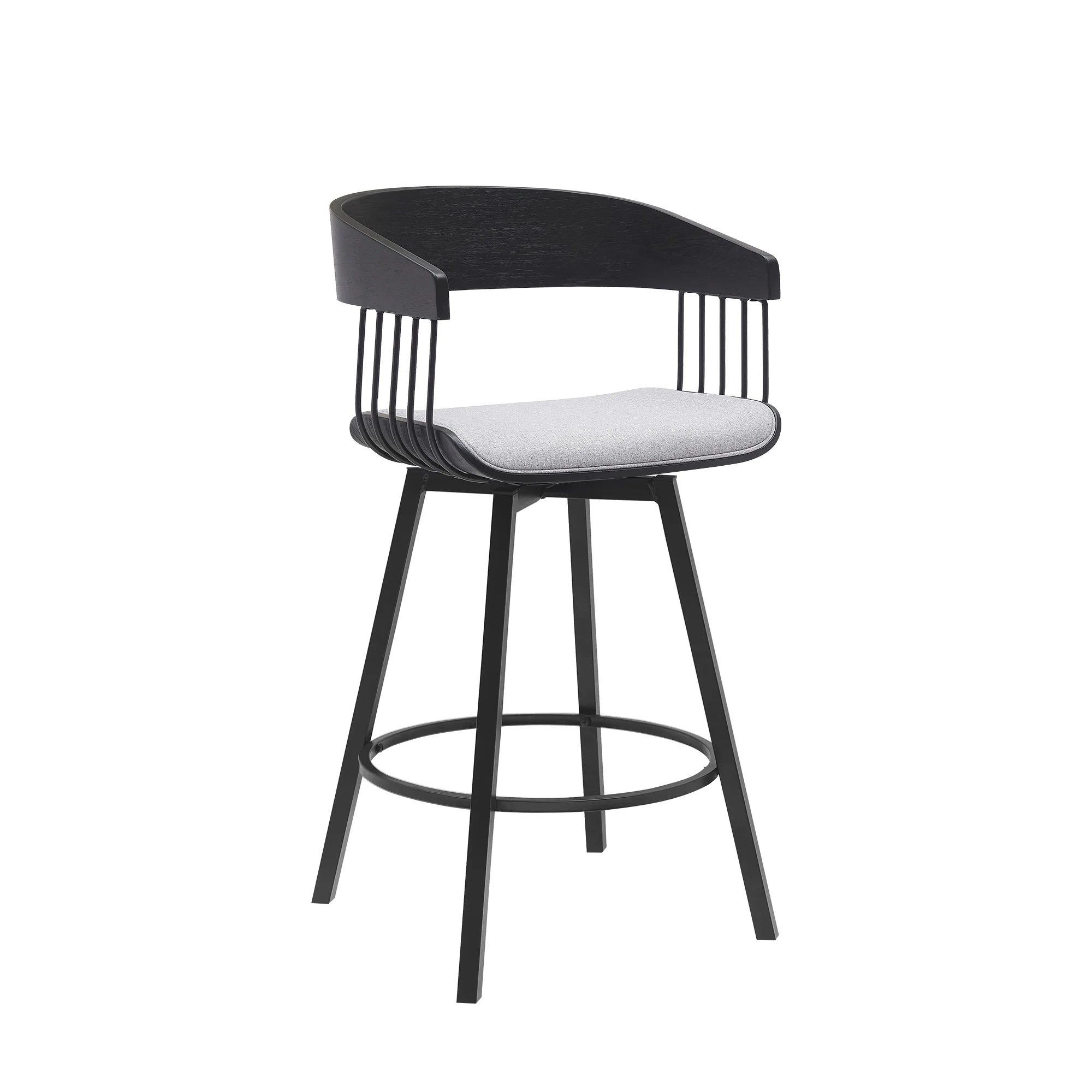 Athena 27" Swivel Black Wood Counter Stool in Light Gray Fabric with Black Metal By Armen Living - Image 2