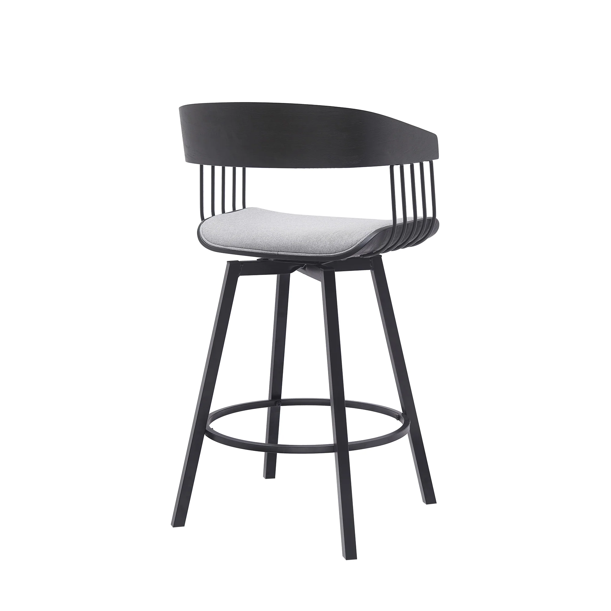 Athena 27" Swivel Black Wood Counter Stool in Light Gray Fabric with Black Metal By Armen Living - Image 4