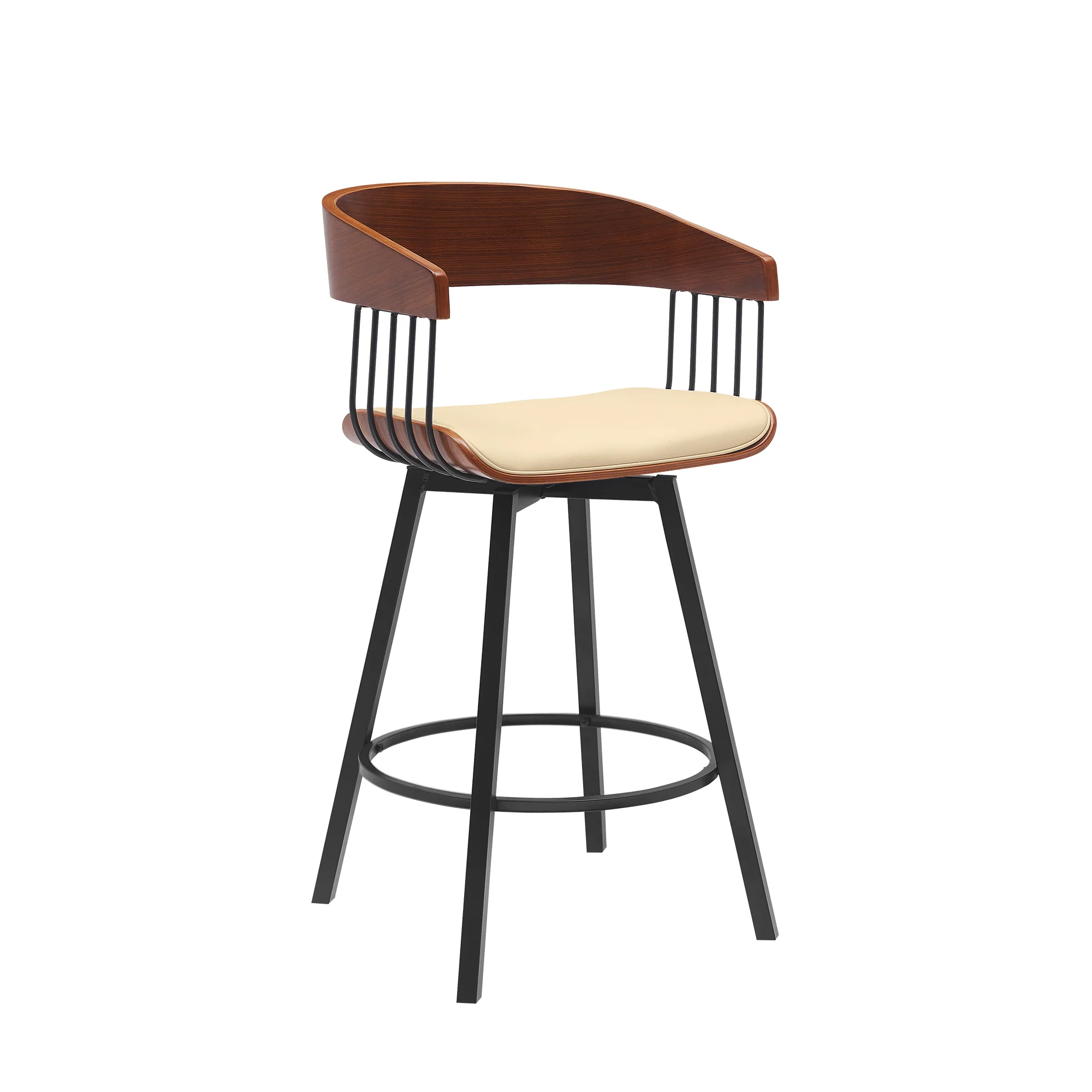Athena 27" Swivel Walnut Wood Counter Stool in Black Faux Leather with Black Metal By Armen Living - Image 10