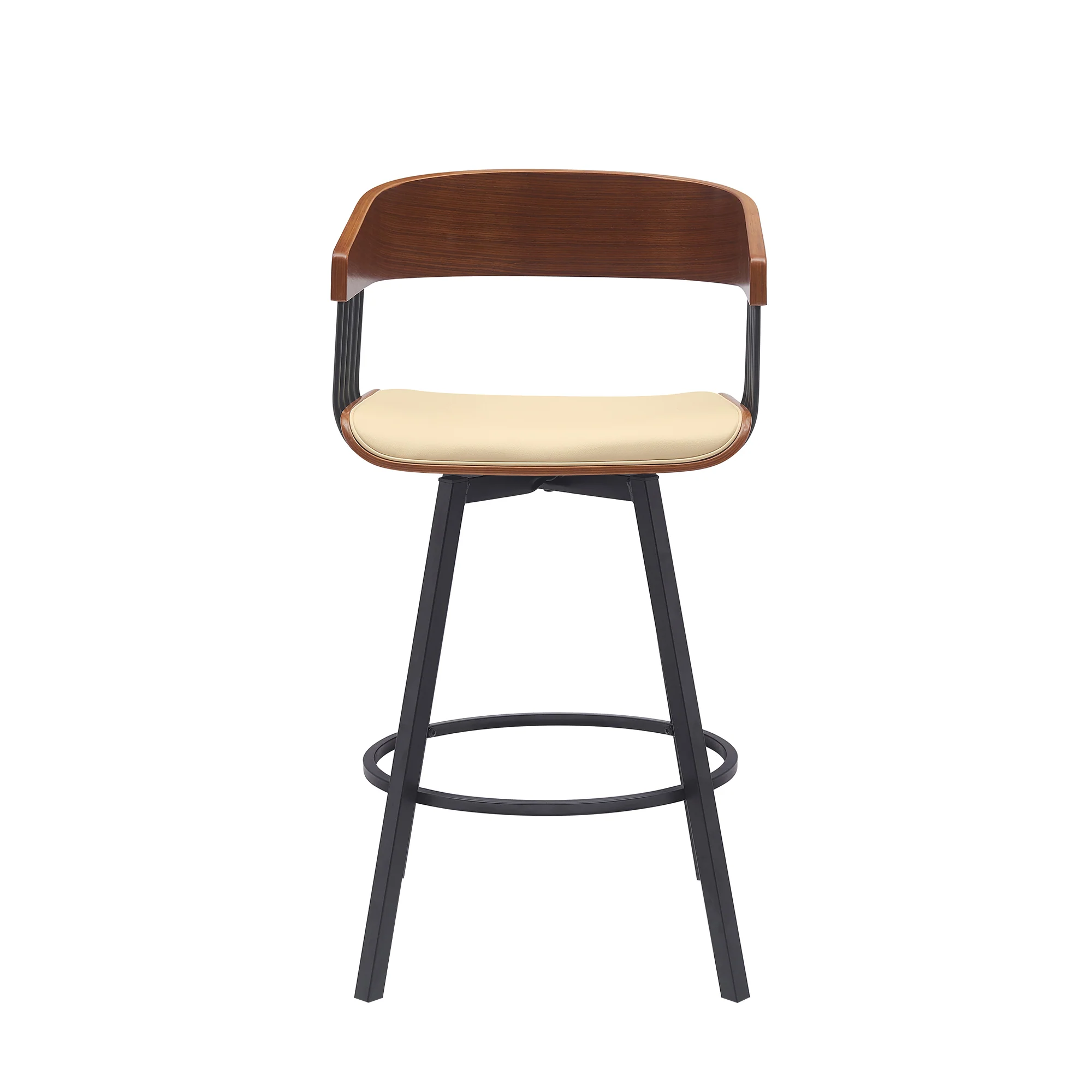 Athena 27" Swivel Walnut Wood Counter Stool in Black Faux Leather with Black Metal By Armen Living - Image 11