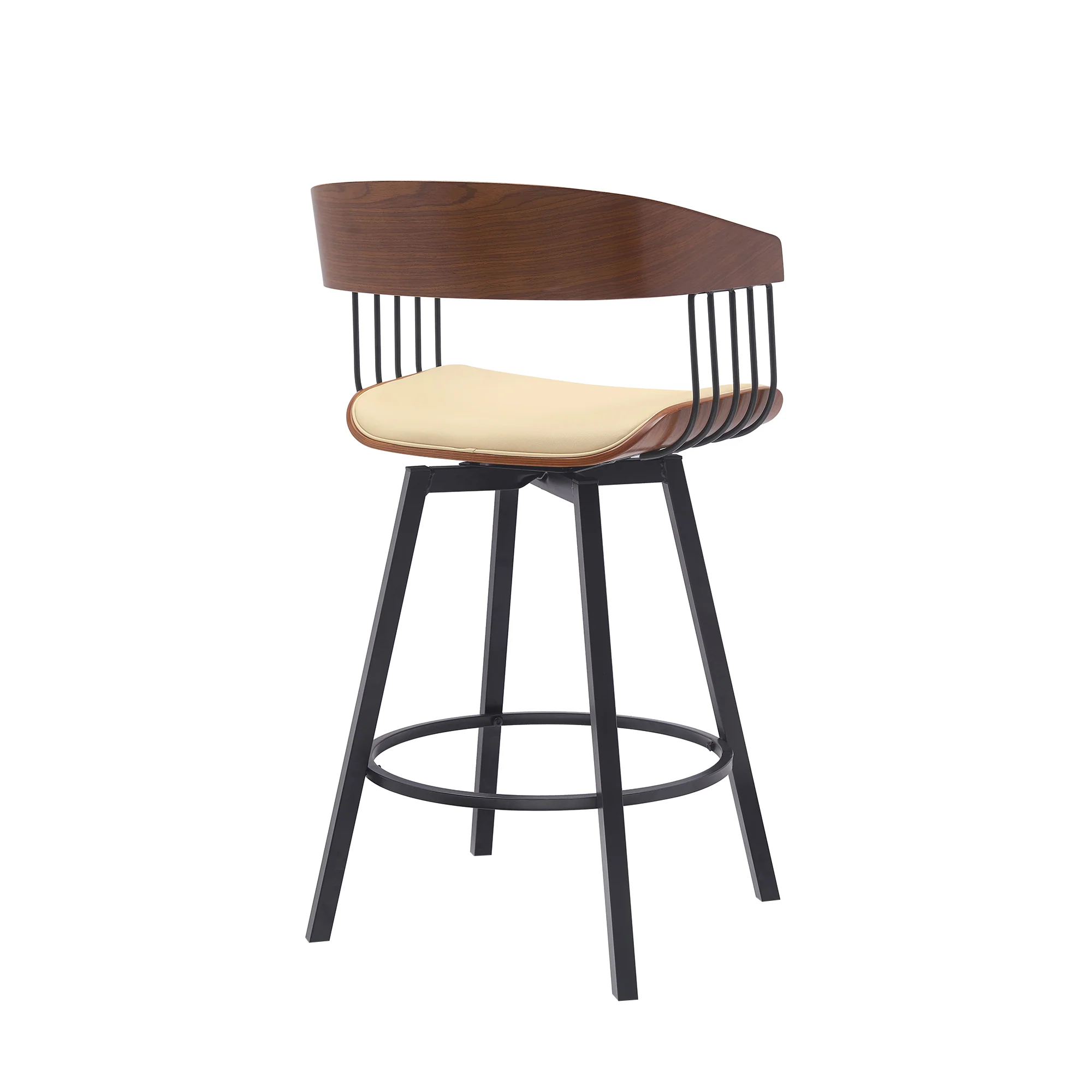 Athena 27" Swivel Walnut Wood Counter Stool in Black Faux Leather with Black Metal By Armen Living - Image 12