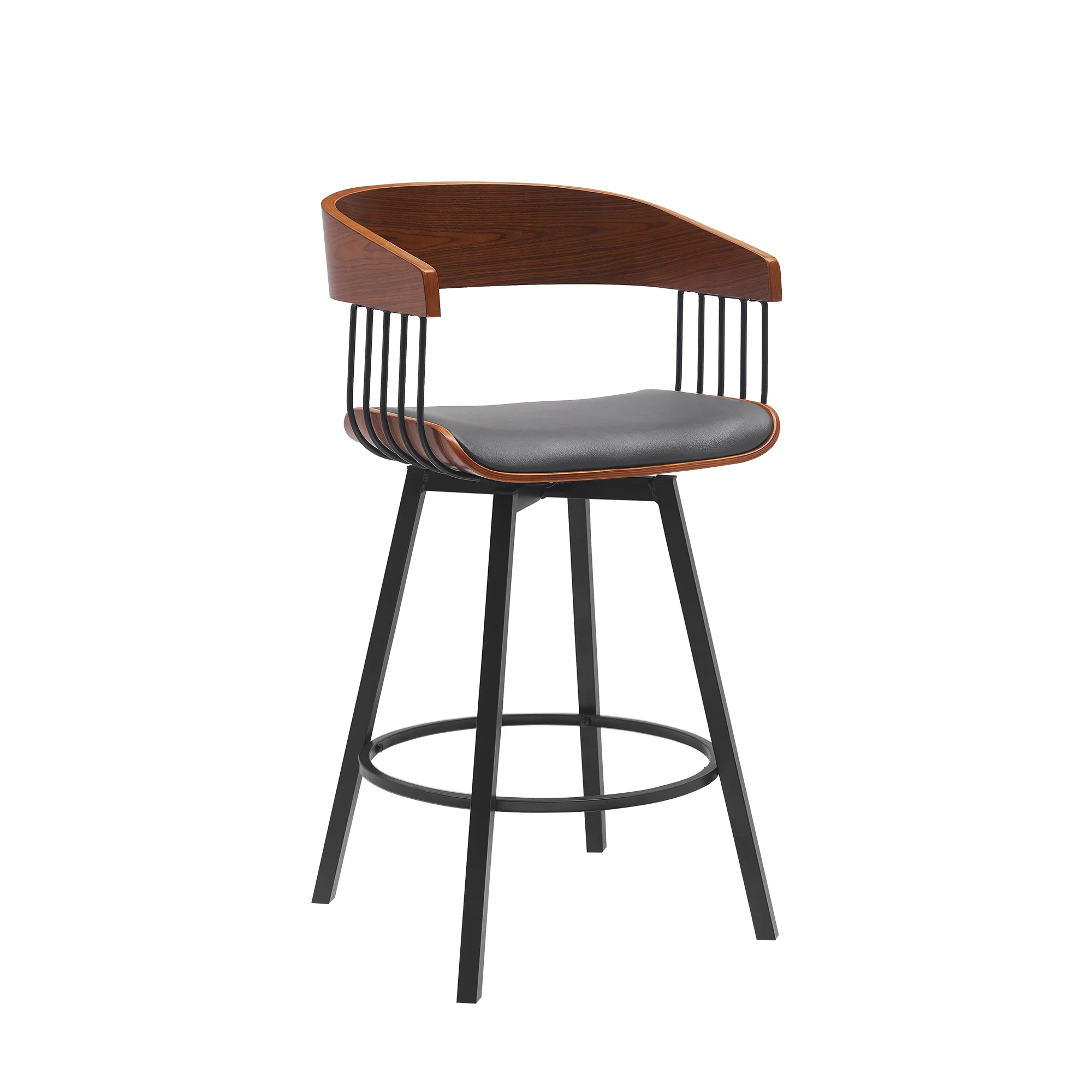 Athena 27" Swivel Walnut Wood Counter Stool in Black Faux Leather with Black Metal By Armen Living - Image 18