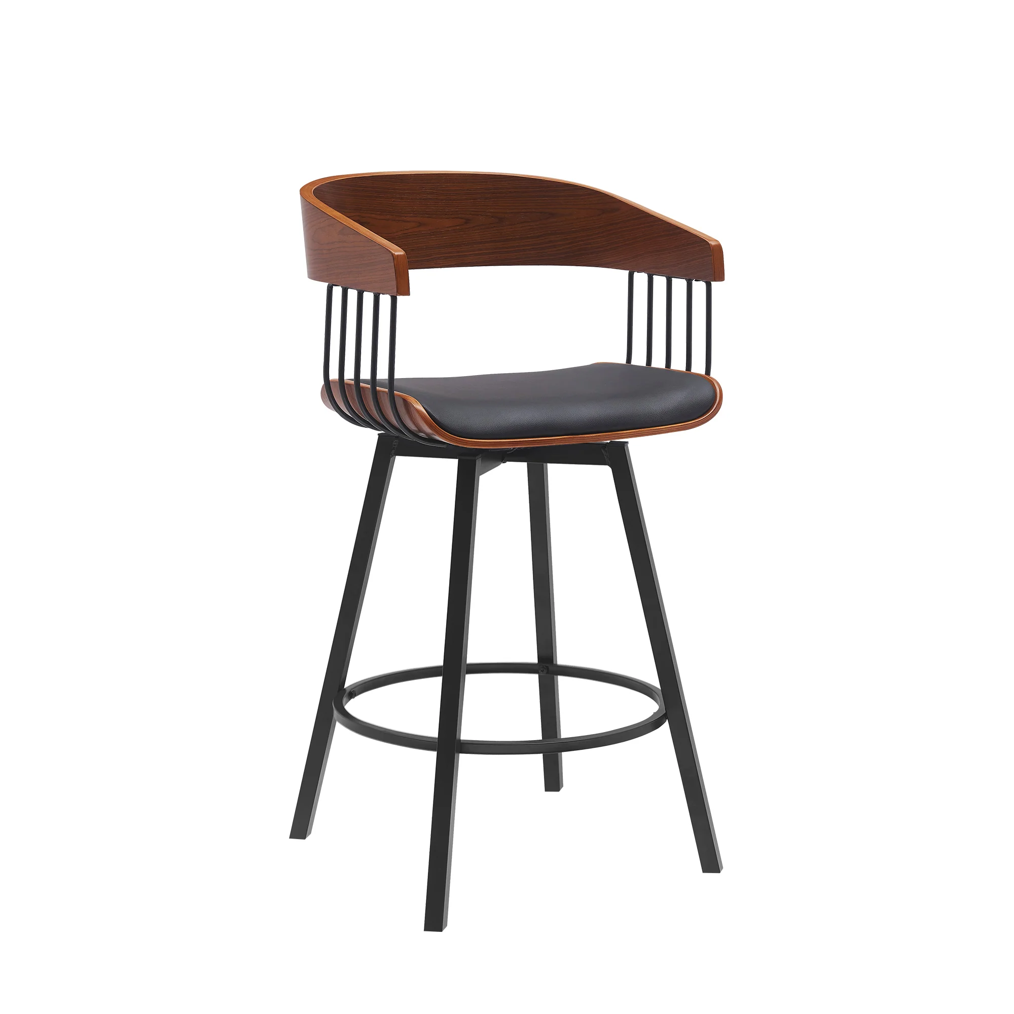 Athena 27" Swivel Walnut Wood Counter Stool in Black Faux Leather with Black Metal By Armen Living - Image 2