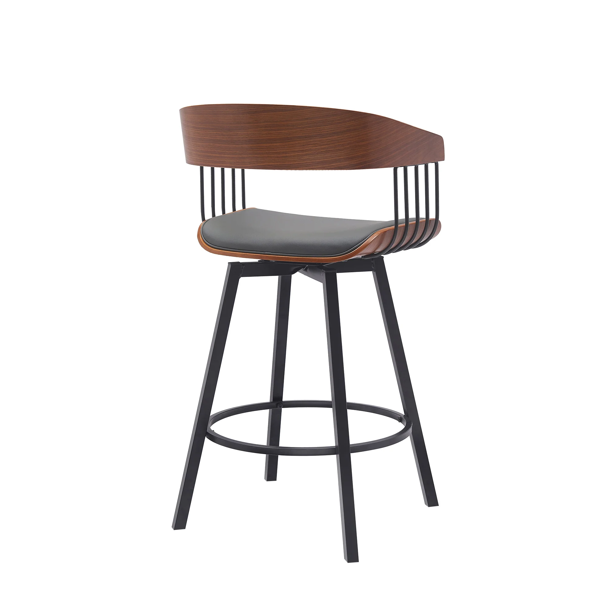 Athena 27" Swivel Walnut Wood Counter Stool in Black Faux Leather with Black Metal By Armen Living - Image 20