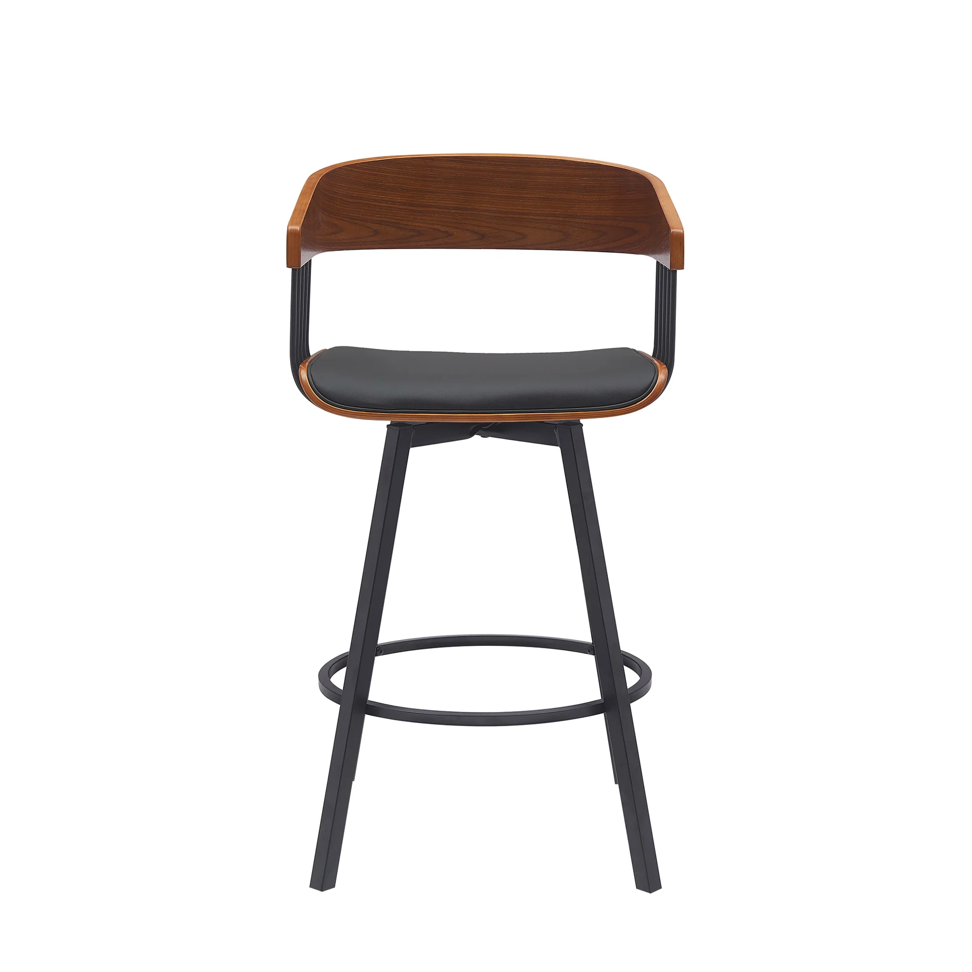 Athena 27" Swivel Walnut Wood Counter Stool in Black Faux Leather with Black Metal By Armen Living - Image 3