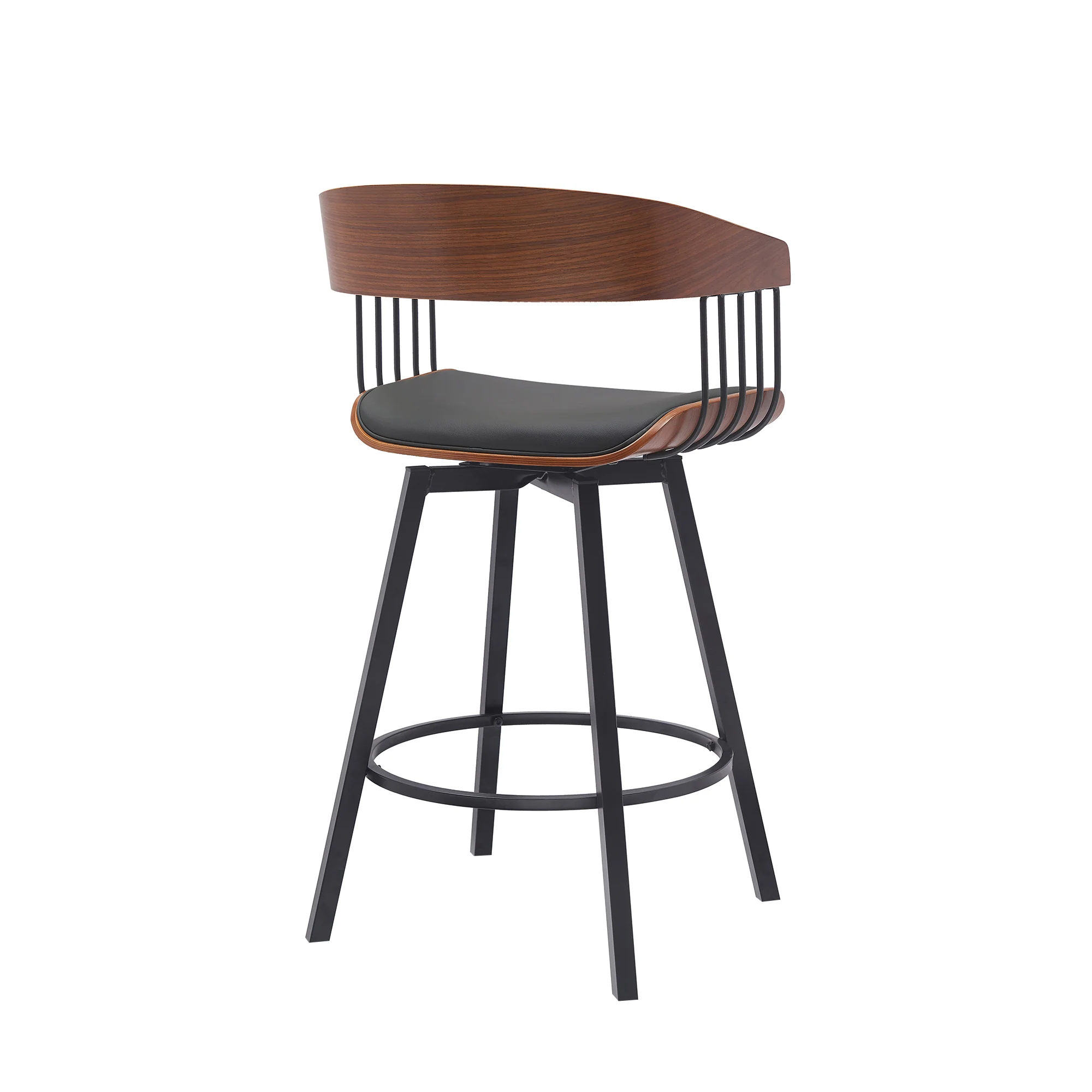 Athena 27" Swivel Walnut Wood Counter Stool in Black Faux Leather with Black Metal By Armen Living - Image 4