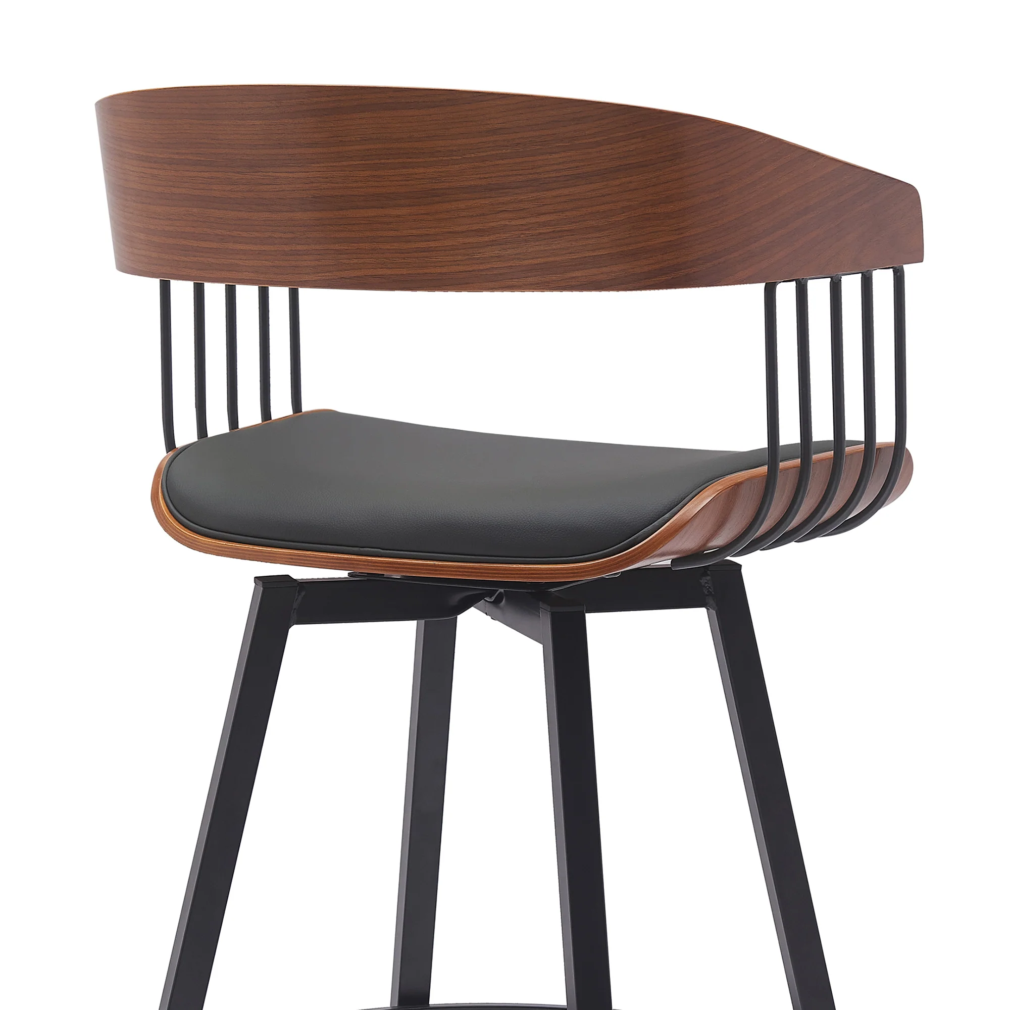 Athena 27" Swivel Walnut Wood Counter Stool in Black Faux Leather with Black Metal By Armen Living - Image 5