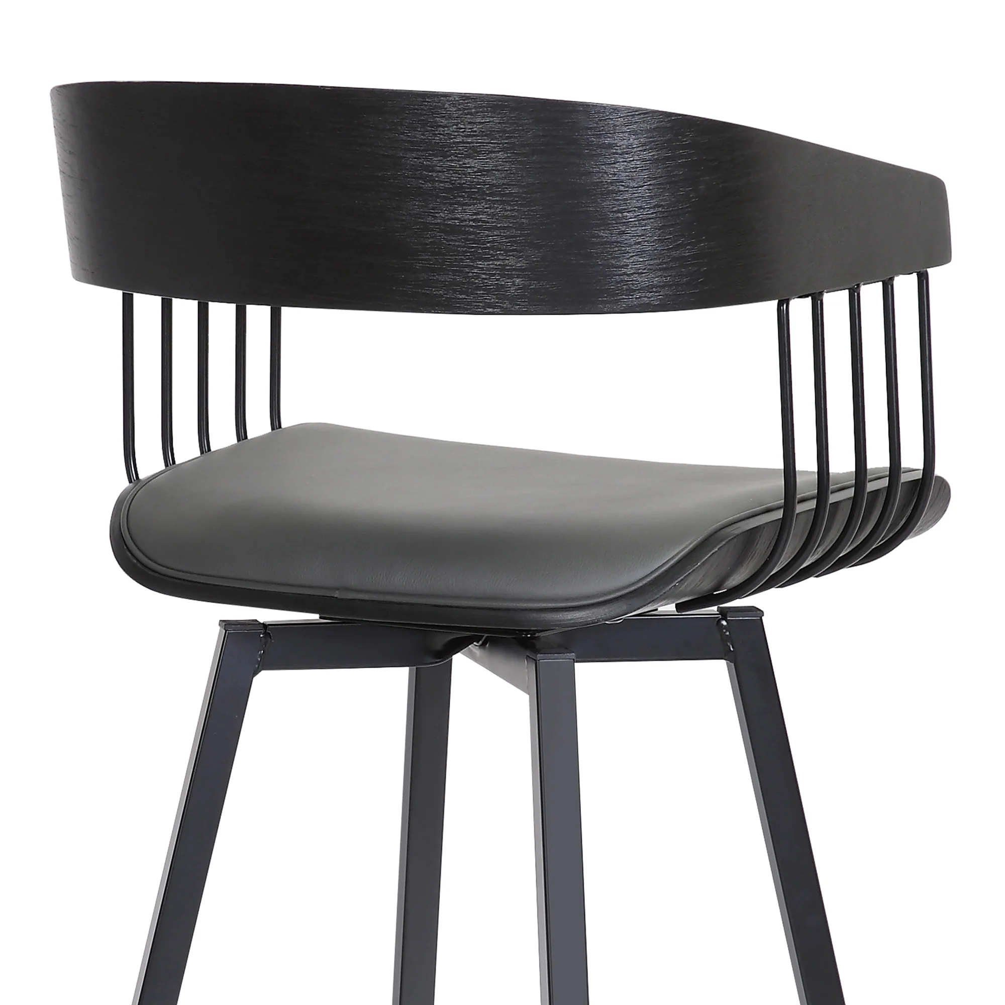 Athena 31" Swivel Black Wood Bar Stool in Grey Faux Leather with Black Metal By Armen Living - Image 10